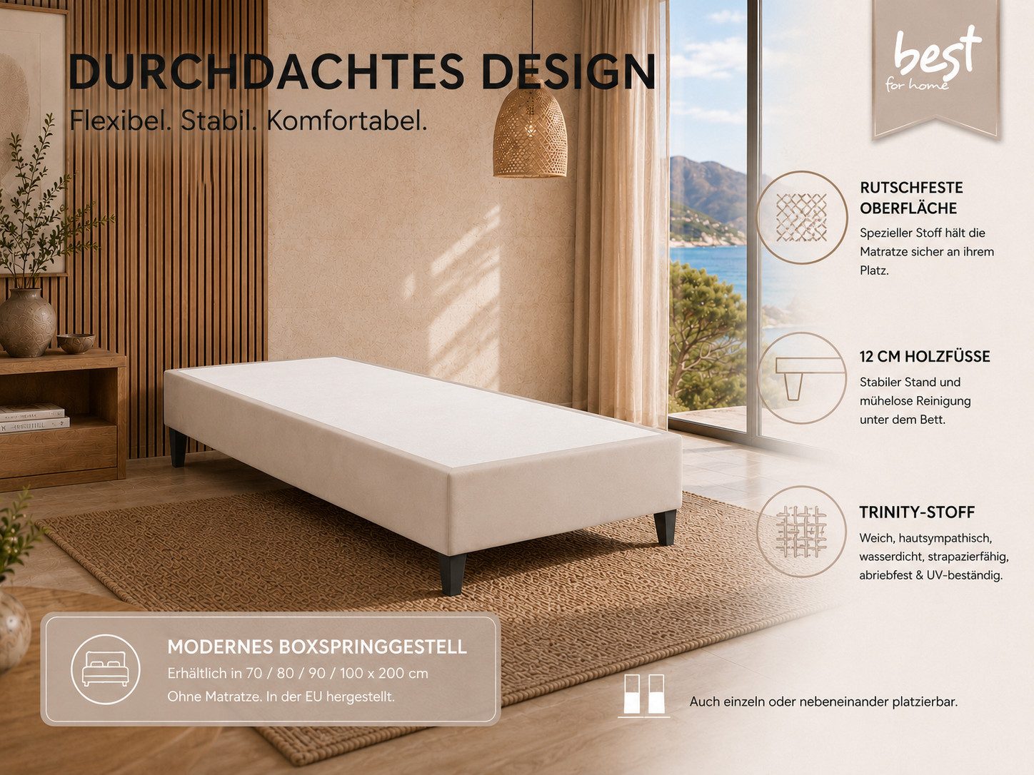 Best for Home Boxspringbett Rahmen – Massivholz, 12 cm Füße, Stabil & Zuverlässig (Seniorebett, Matratze, Jugendbett, Kinderbett, 70x200 80x200 90x200 100x200 cm), Komfortbett, Boxspringgestell, flexible Liefermöglichkeiten