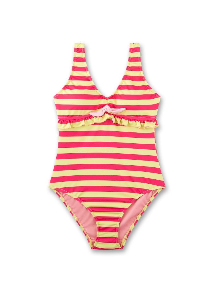 Sanetta Badeanzug Mädchen Badeanzug gestreift mit Volant Neon Pink Gelb