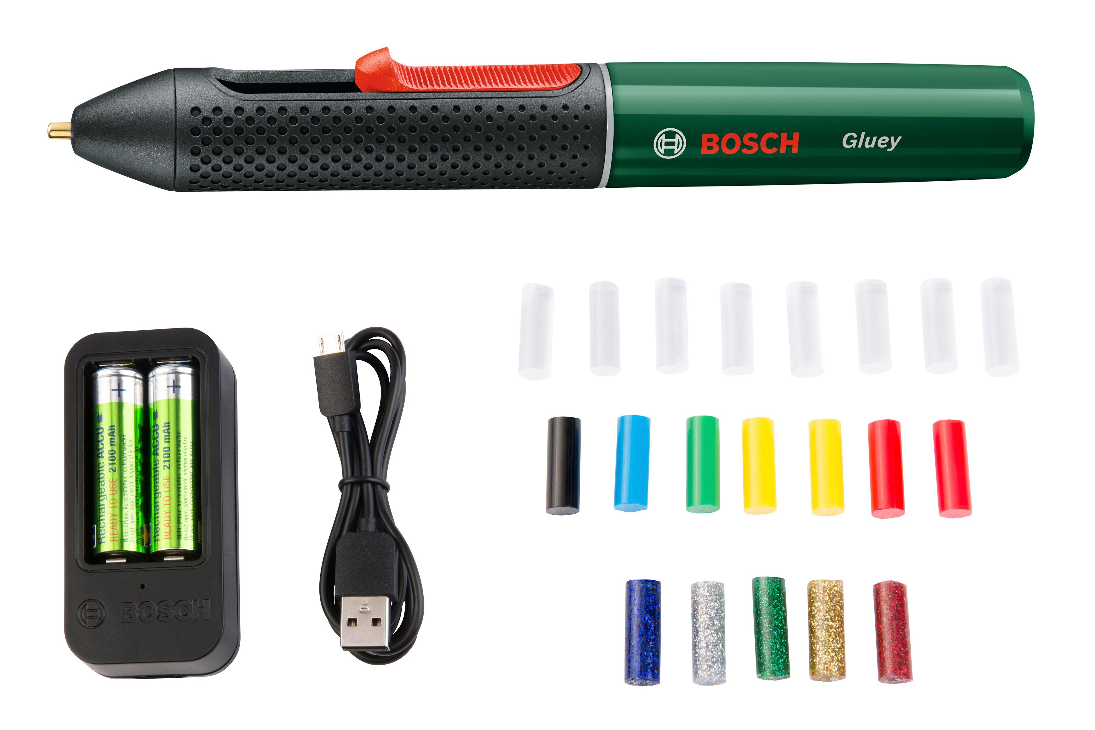 Bosch Home & Garden Heißklebestift Gluey, pink, (USB-Ladegerät & -Kabel, 2x1,2 V HR06 (AA) Akkus), inkl. 20 Mini-Klebesticks in vielen Farben