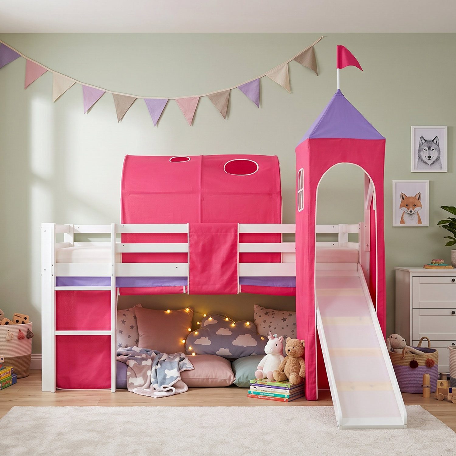 Homestyle4u Hochbett Kinder mit / ohne Matratze mit / ohne Rutsche 90x200 Vorhang Mädchen (Spar-Set, mit Lattenrost, Rutsche, Tunnel und Turm) Kiefer Spielbett