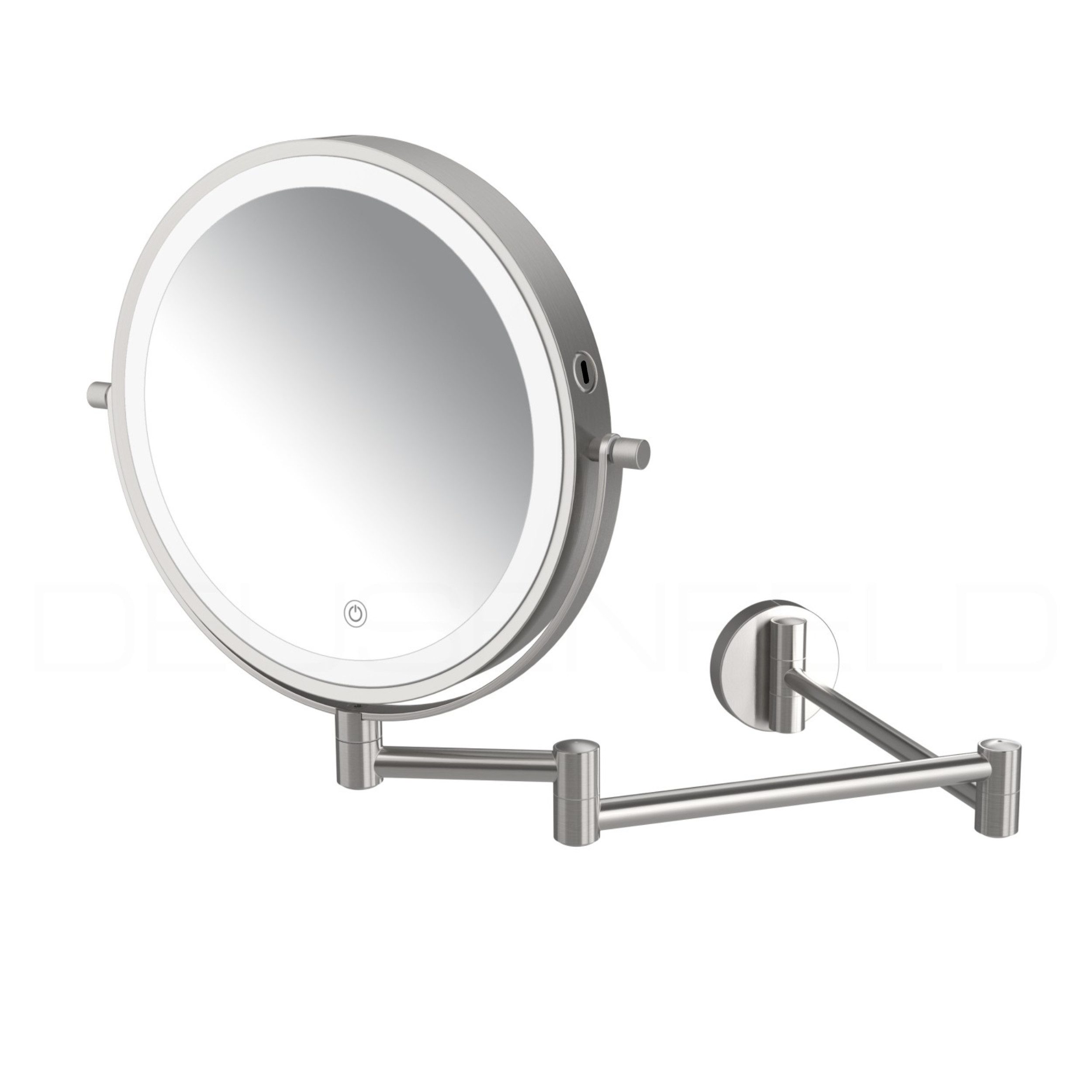DEUSENFELD Kosmetikspiegel Wand-Akku-Doppel-LED WL53EFA / WL73EFA / WL103EFA (5x/7x/10x Vergrößerung + Normalspiegel, 10Min. Abschalttimer, Dimmer, 3 Lichtfarben, 3000mAh Akku, USB-C), 3-Fach Gelenkarm, 49cm Ausladung ! Edelstahl Finish - matt gebürstet