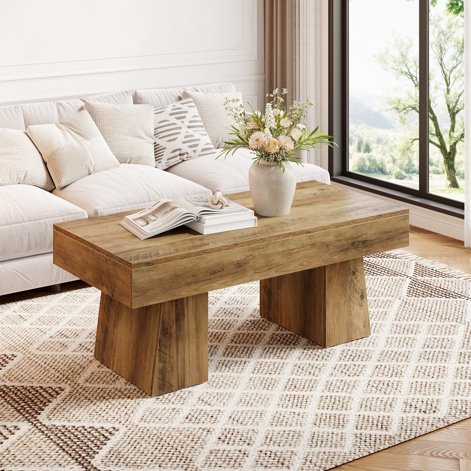 Tribesigns Couchtisch 120x60x50cm Landhaus Wohnzimmertisch mit stabiler Basis Braun