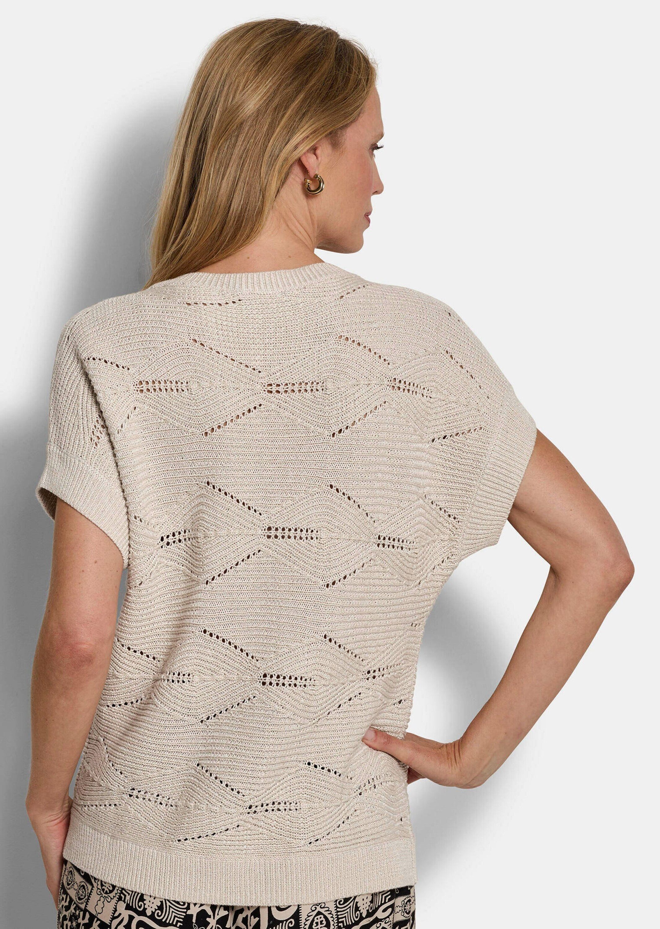 GOLDNER Strickpullover Kurzgröße: Baumwollpullover mit Rautenstruktur Ajourpullover mit U-Boot-Ausschnitt, Rippenbündchen und Viertelarm