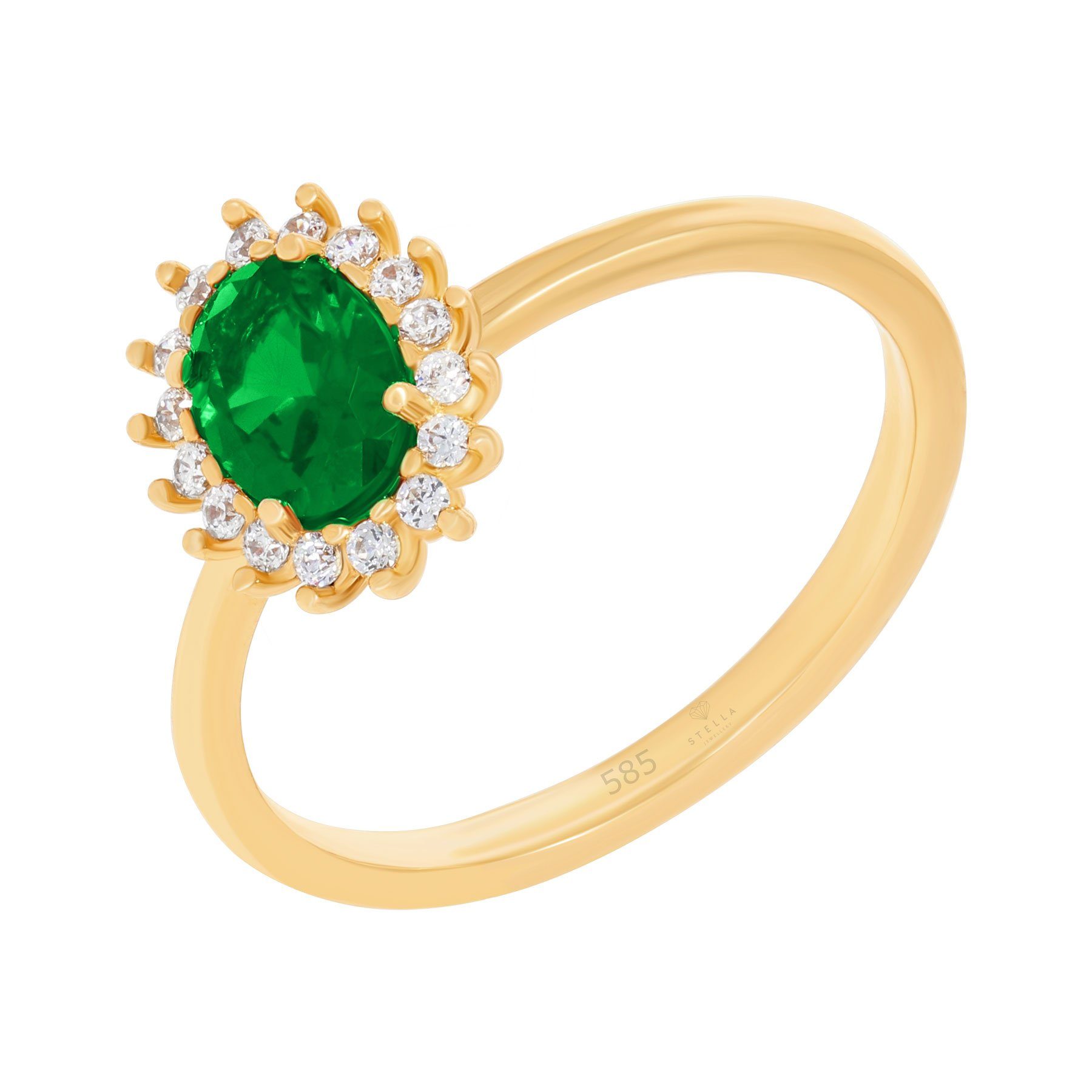 Stella-Jewellery Solitärring 585 Gelbgold Damenring synth. Smaragd und Zirkonia (Ring mit Edelstein, synth. Smaragd und Zirkonia - inkl. Etui)