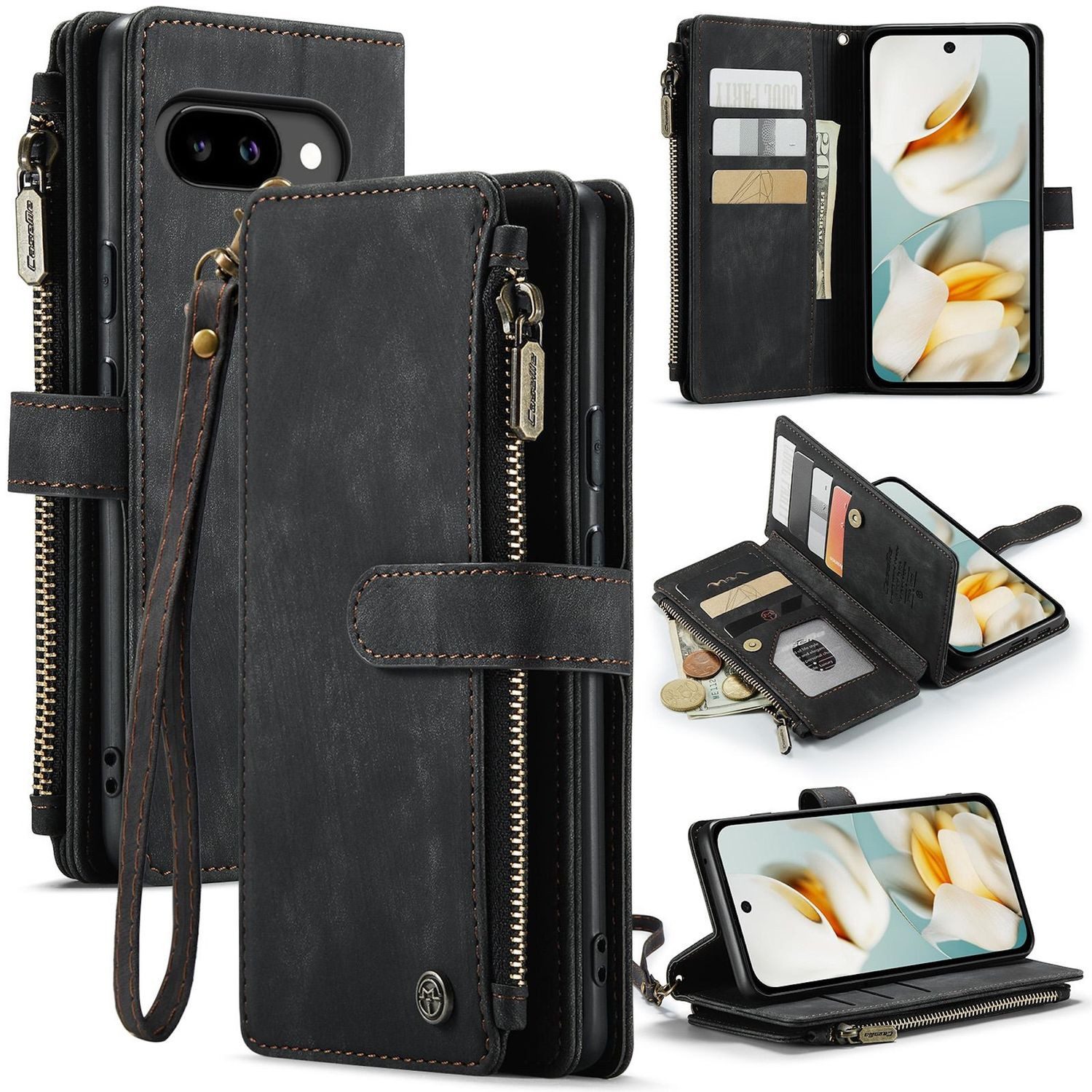 CaseMe Handyhülle Für Google Pixel 9a Kunstleder Multifunktion C30 Wallet Tasche Schwarz, Kunst-Leder Schutz Tasche Smart Case Multifunktion