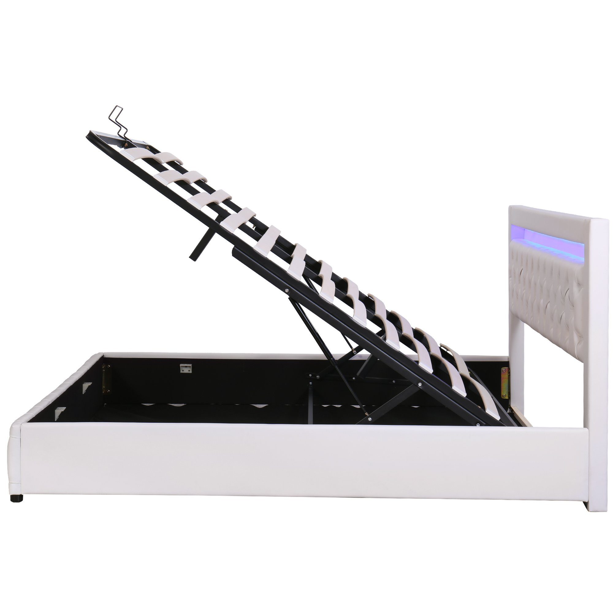 Boxspringbett (Hydraulisches Bett 180x200cm mit Bettkasten), Polsterbett mit LED-Beleuchtung, Kunstleder, weiches Kopfteil