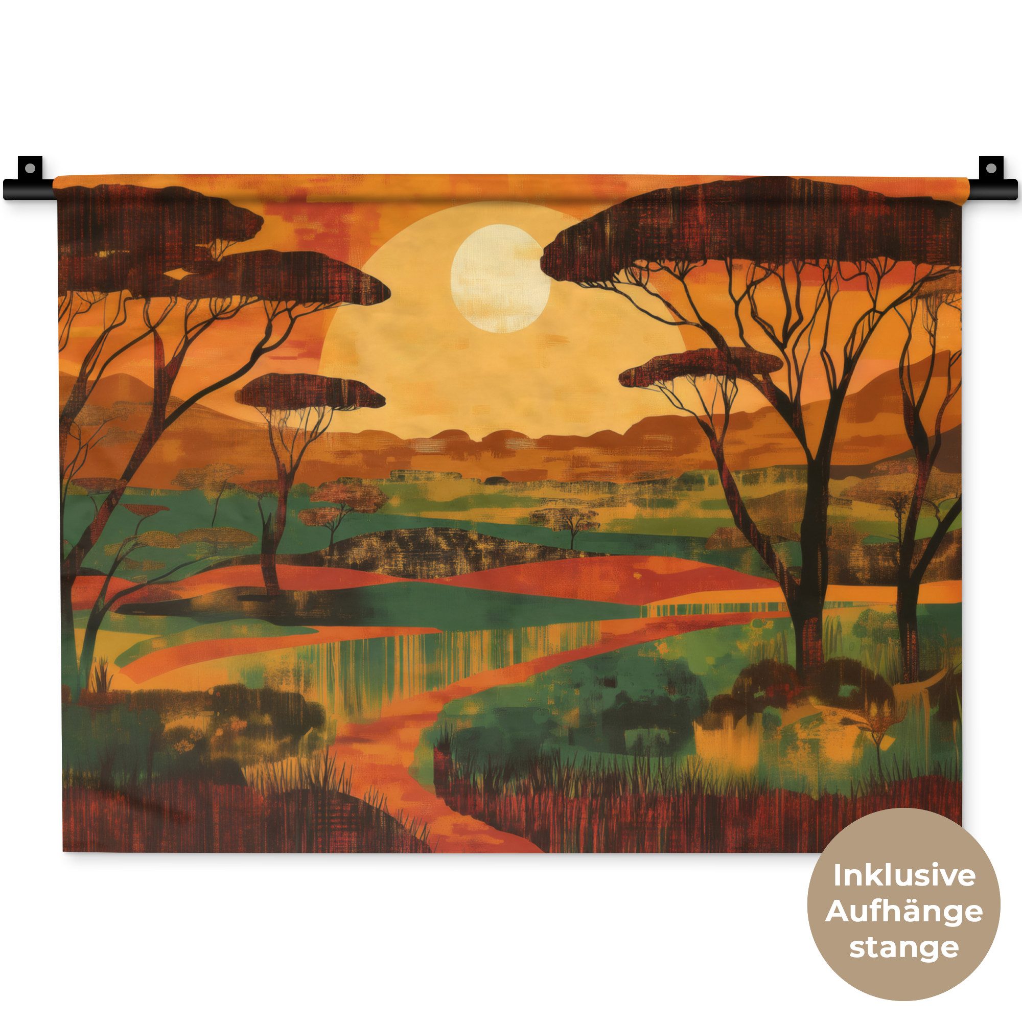 MuchoWow Wandteppich Landschaft - Afrikanisch - Sonne, Rechteckig, Höhe: 3 mm, Wanddeko Teppich Wohnzimmer, Schlafzimmer, 60x45 cm