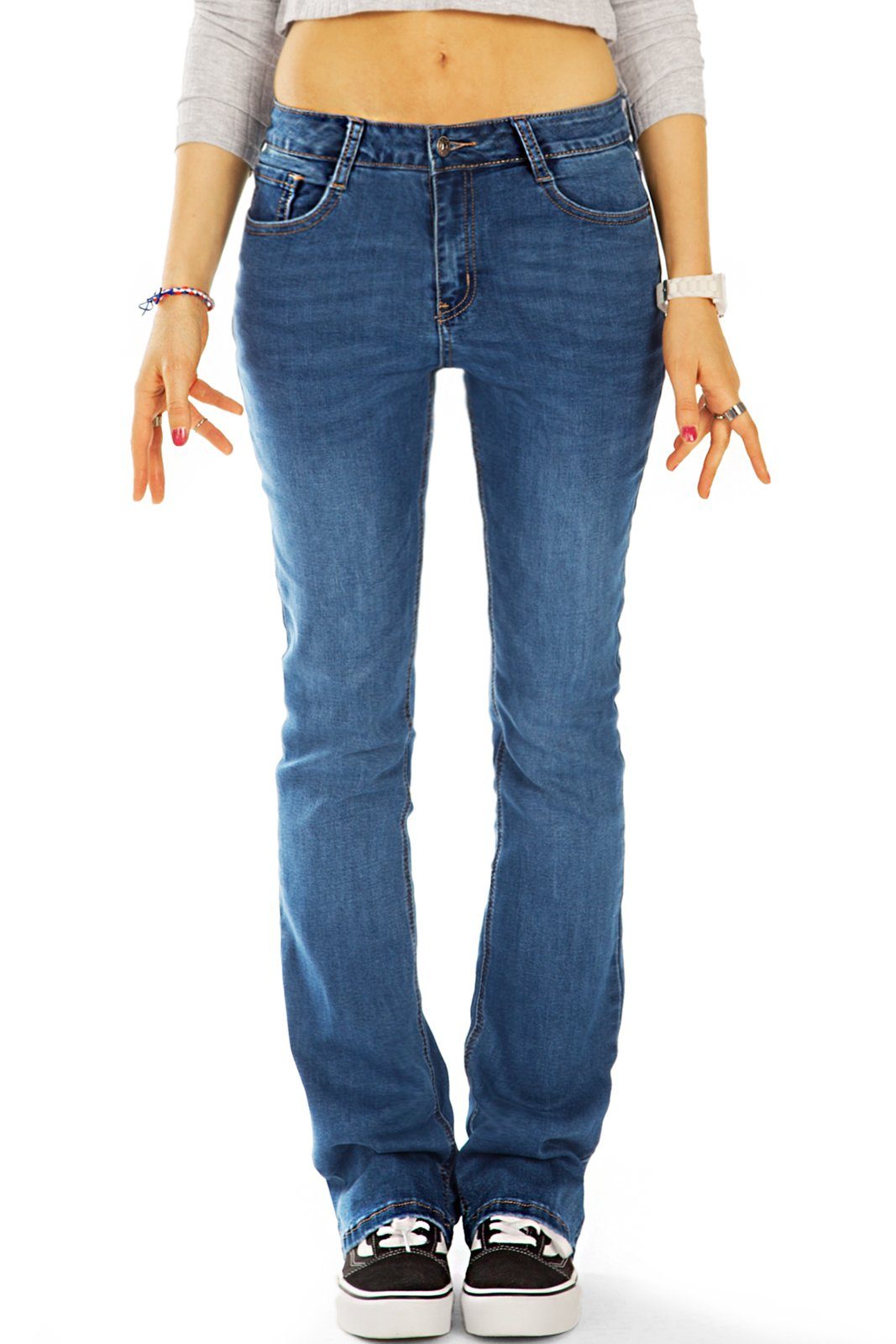 be Damen Stretch-Anteil mit waist 5-Pocket-Style, Bootcut-Jeans bootcut Schlaghose regular - Hosen, styled Medium Jeans j47L -