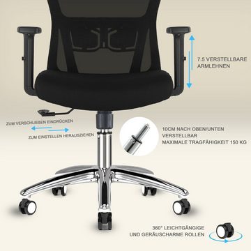 Durrafy Bürostuhl Ergonomischer Stuhl,Chefsessel,Schreibtischstuhl, Atmungsaktiver Drehstuhl, verstellbare funktion, 150KG, Schwarz