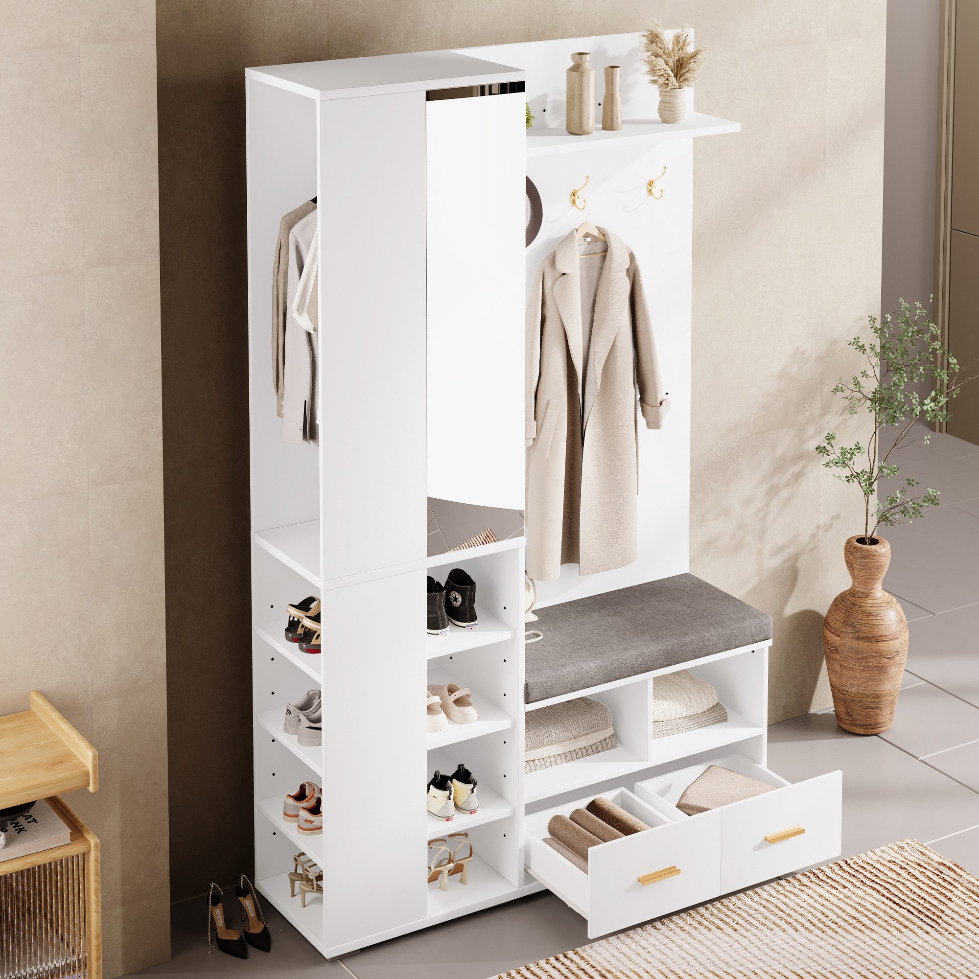 Flieks Garderoben-Set Kleiderstange mit Spiegel, Schuhschrank mit Schubladen & Sitzkissen, (B120xT35xH190 cm, Kleiderschrank mit mit verstellbaren Einlegeböden), Kompaktgarderobe Einganschrank Flurmöbel-Set mit Ablagen Weiß