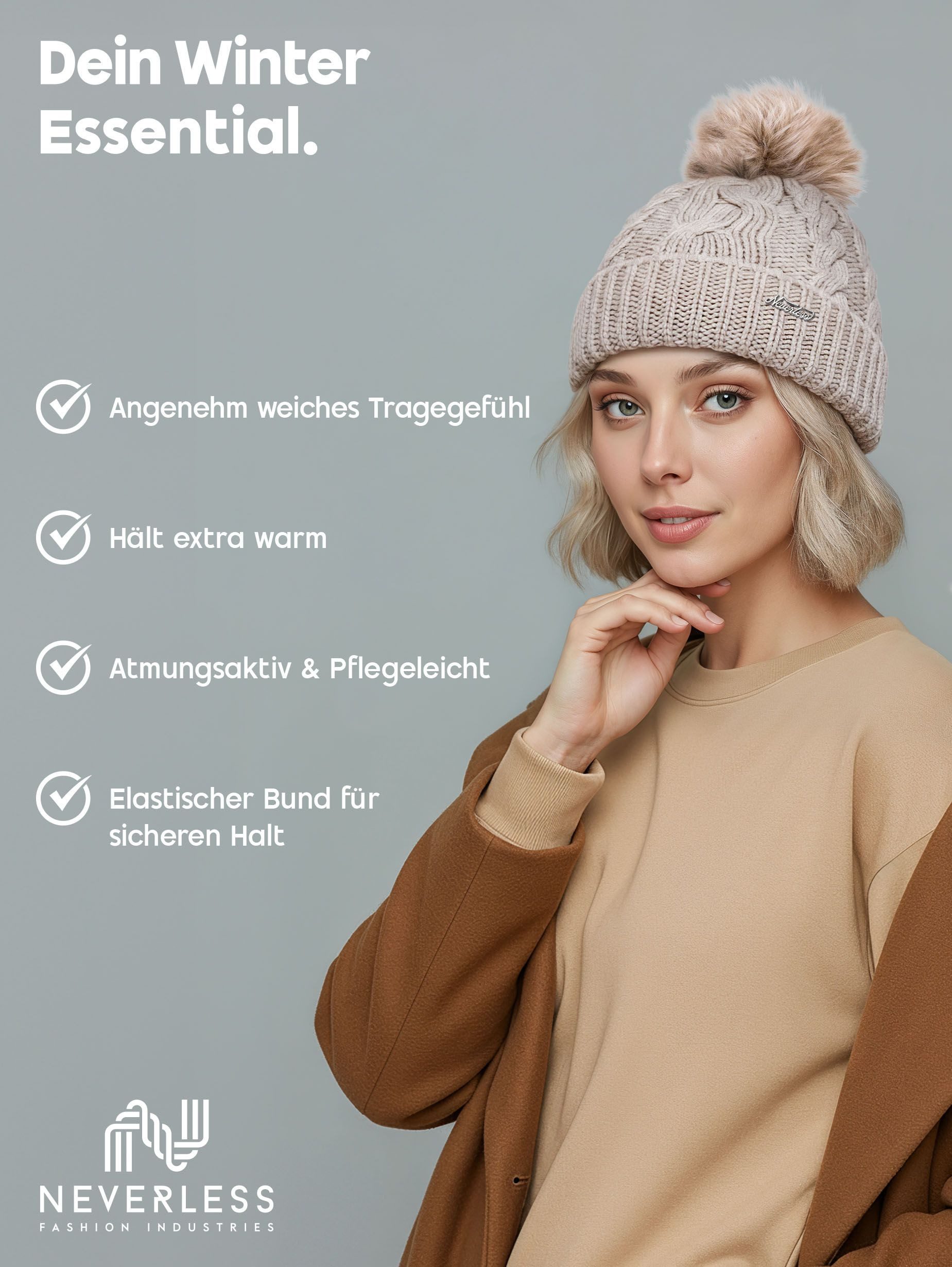 Neverless Strickmütze Damen Strickmütze mit Bommel Grobstrick Pudelmütze mit Fellbommel