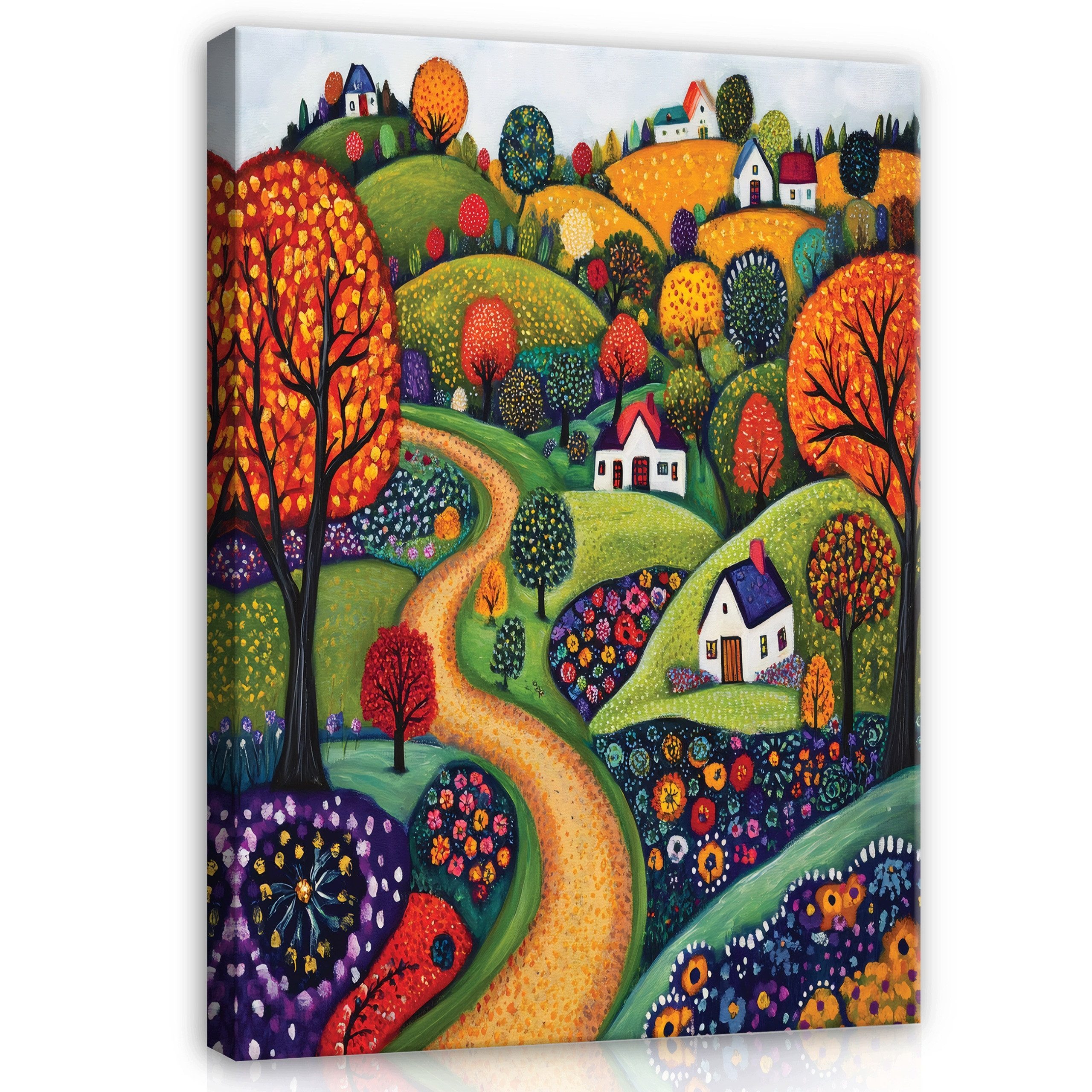 Wallarena Leinwandbild Märchenlandschaft Hügel Dorf Orange Kinderzimmer bilder Wandbild, Landschaft, Dorf, Hügel, Bäume, Blumen, Haus (Leinwandbild, 1 St), Leinwand Bilder Wohnzimmer Schlafzimmer Wandbild Wanddeko 40x60 cm