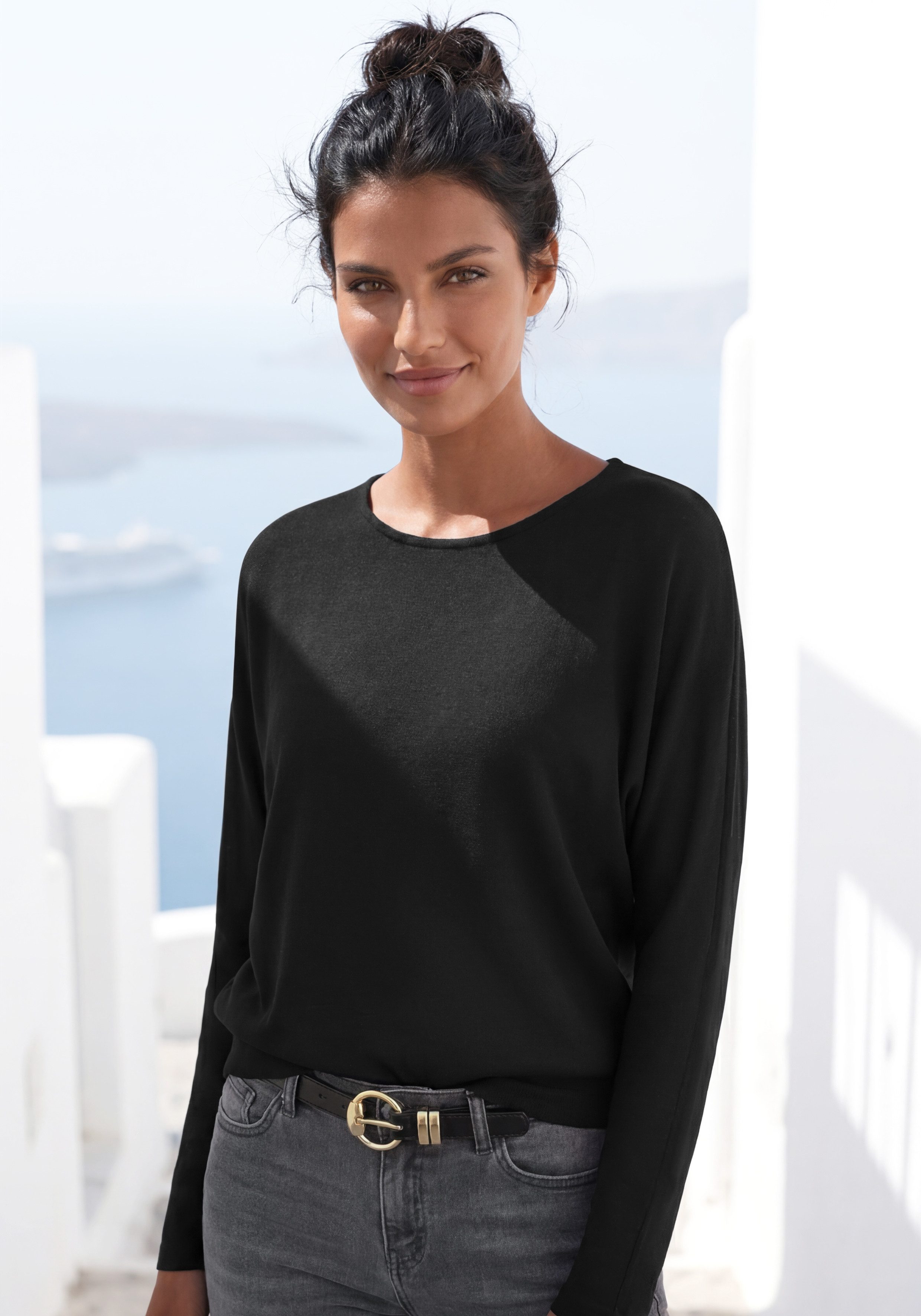 Vivance by Lascana Langarmshirt mit breitem Bund aus strukturiertem, luftigem Feinstrick mit Viskose