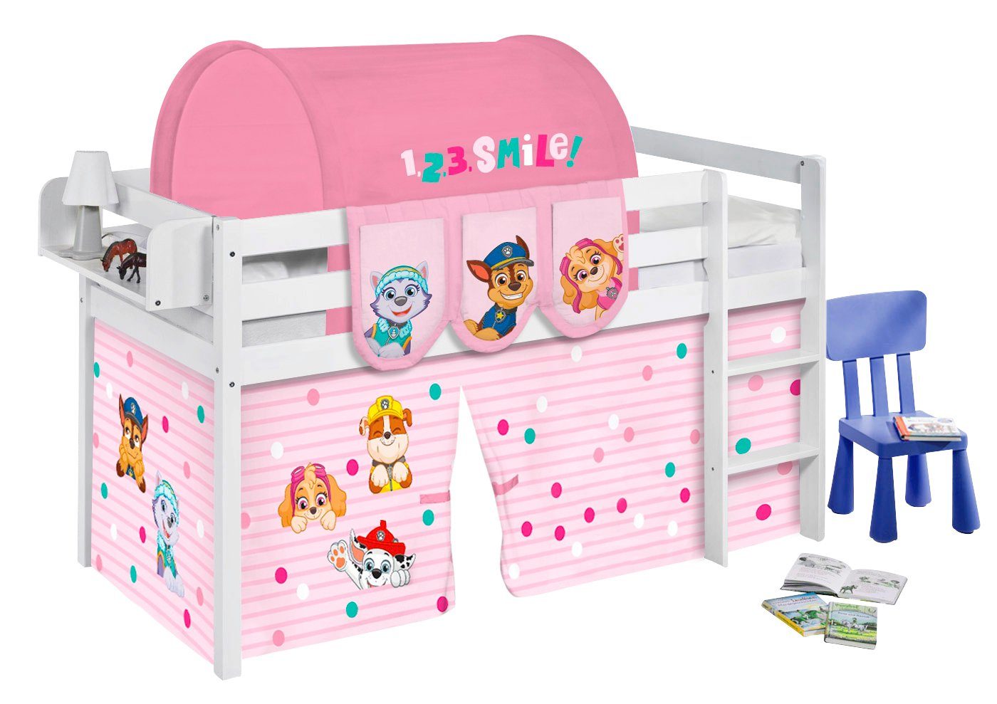 Lilokids Kinderbett Hochbett JELLE weiß mit Vorhang PAW PATROL 190x90 cm