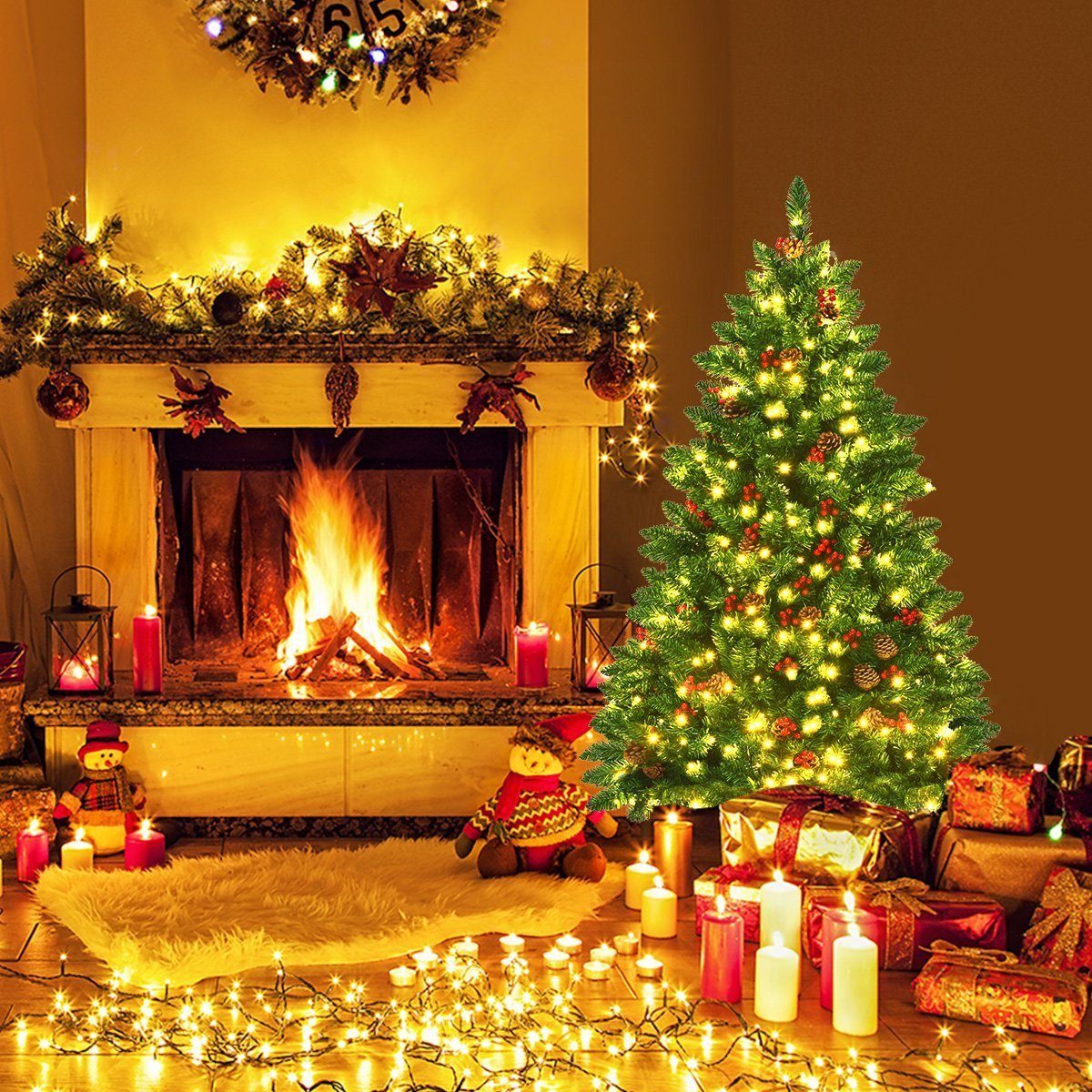 COSTWAY Künstlicher Weihnachtsbaum, mit 300 LEDs, 516 PVC Nadeln, Ständer