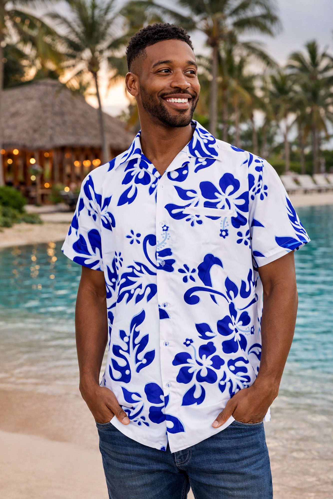 King Kameha Hawaiihemd "Hibiscus" Funky Hawaii-Hemd Herren Kurzarm Front-Tasche Stylish