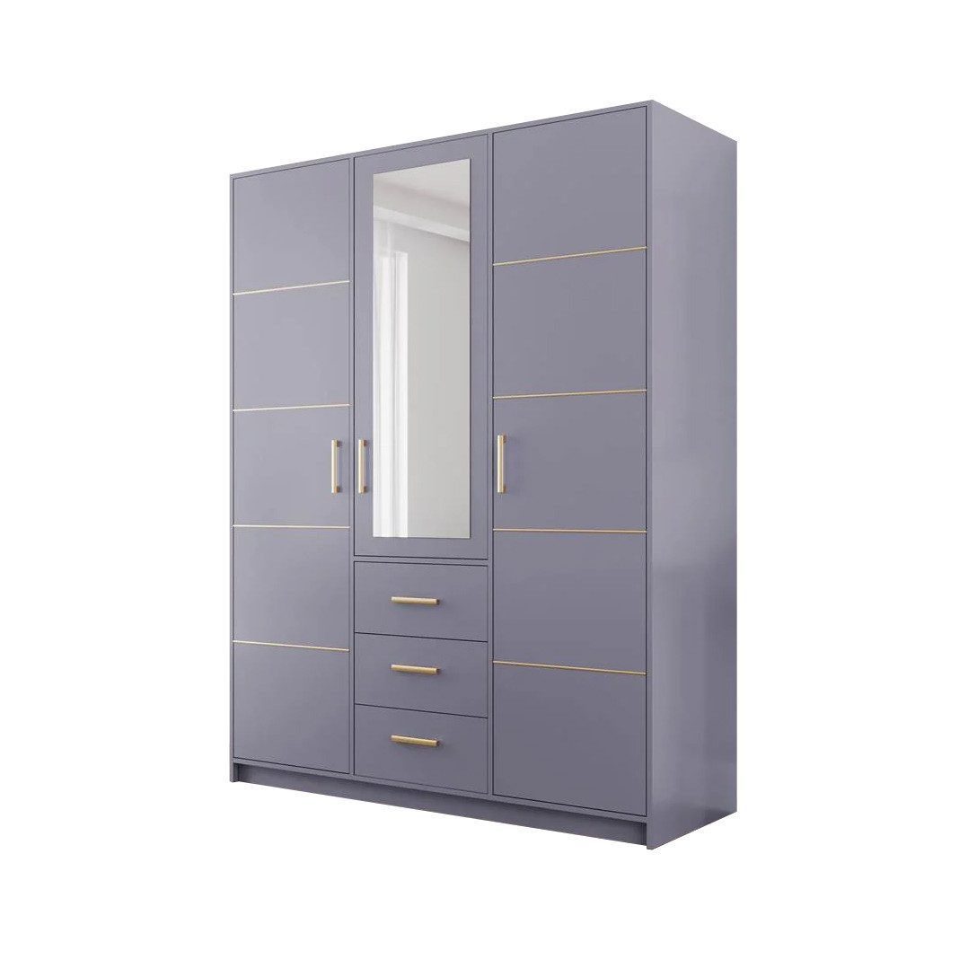Beautysofa Kleiderschrank BALID D3 Schrank mit Spiegel (Drehtürenschrank mit Einlegeböden, Kleiderstange und 3 Schubladen, 3-türig) Breite: 147 cm