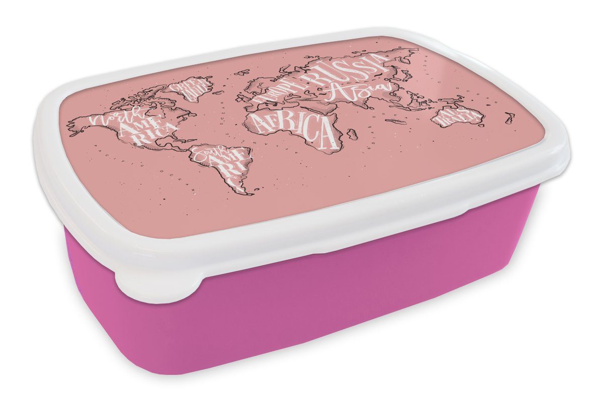 - Lunchbox Kunststoff Mädchen, für Rosa Weltkarte Brotbox (2-tlg), Brotdose Briefe, MuchoWow Kunststoff, Erwachsene, Snackbox, - Kinder,