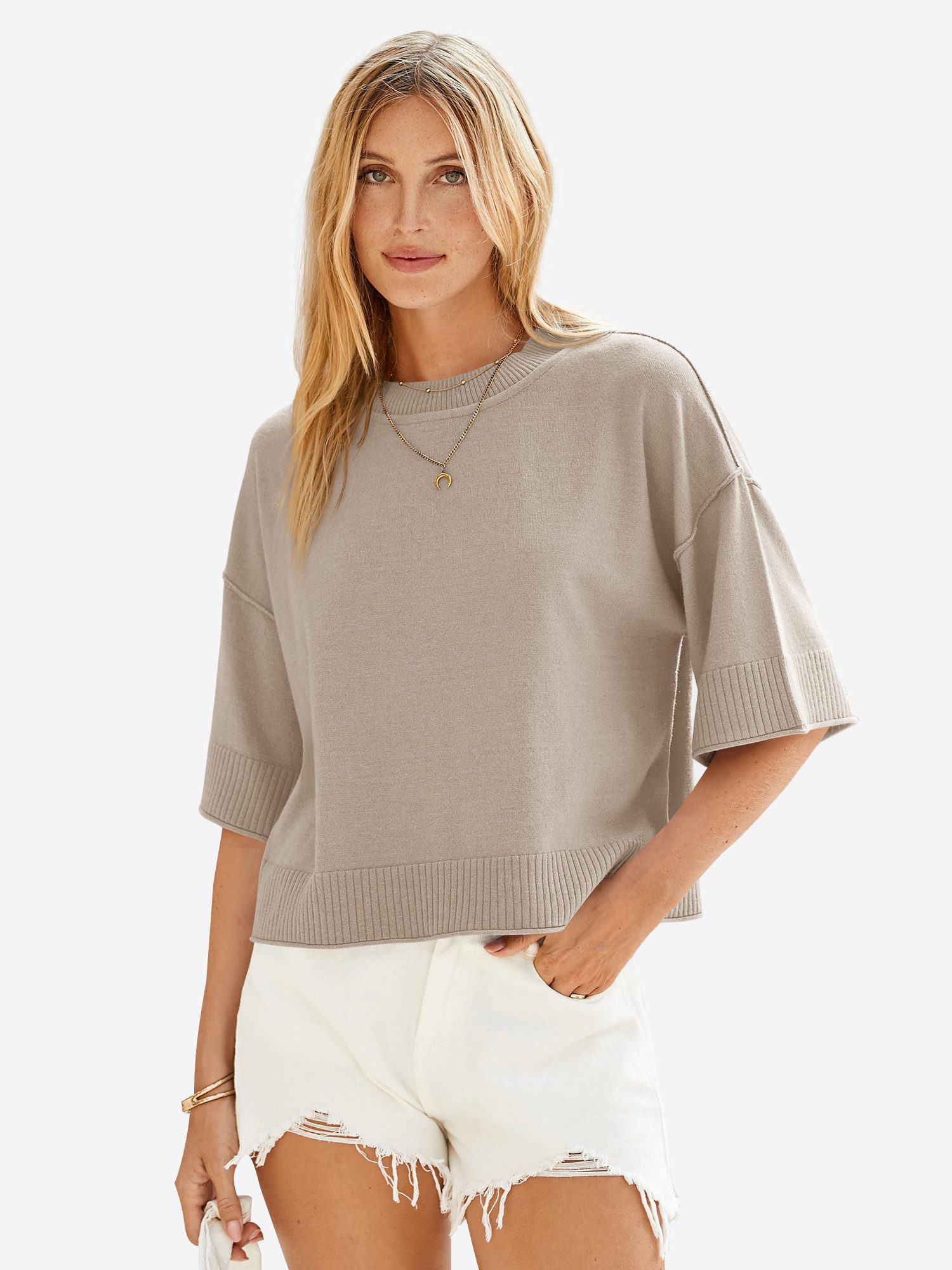 Imily Bela Strickpullover Damen Halbarm Sommer Oversized Cropped Casual Sweater (Packung, 1-tlg., 1per-Pack) in Unifarbe gehäkelt