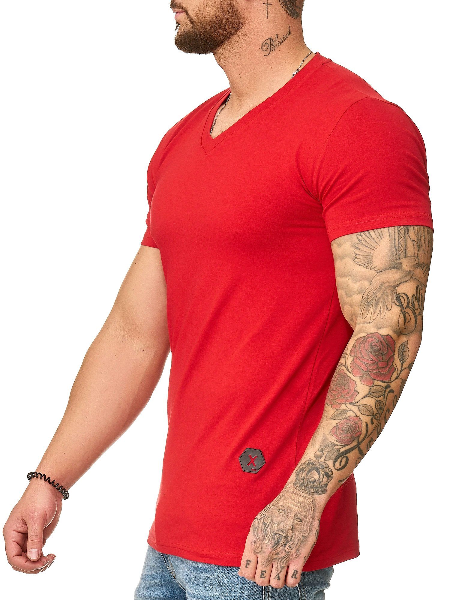 T-Shirt OneRedox Kurzarmshirt 1309C Polo (Shirt Freizeit 1-tlg) Rot Fitness Casual Tee,