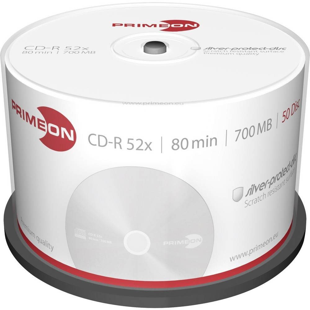 PRIMEON CD-Rohling CD-R 700MB 52x Silver Disc 50er Cakebox 2761102, Silber Matte Oberfläche