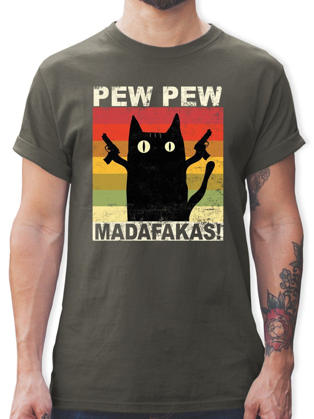 Shirtracer TShirt »Pew Pew Madafakas Katze Vintage hell Statement Herren Premium TShirt