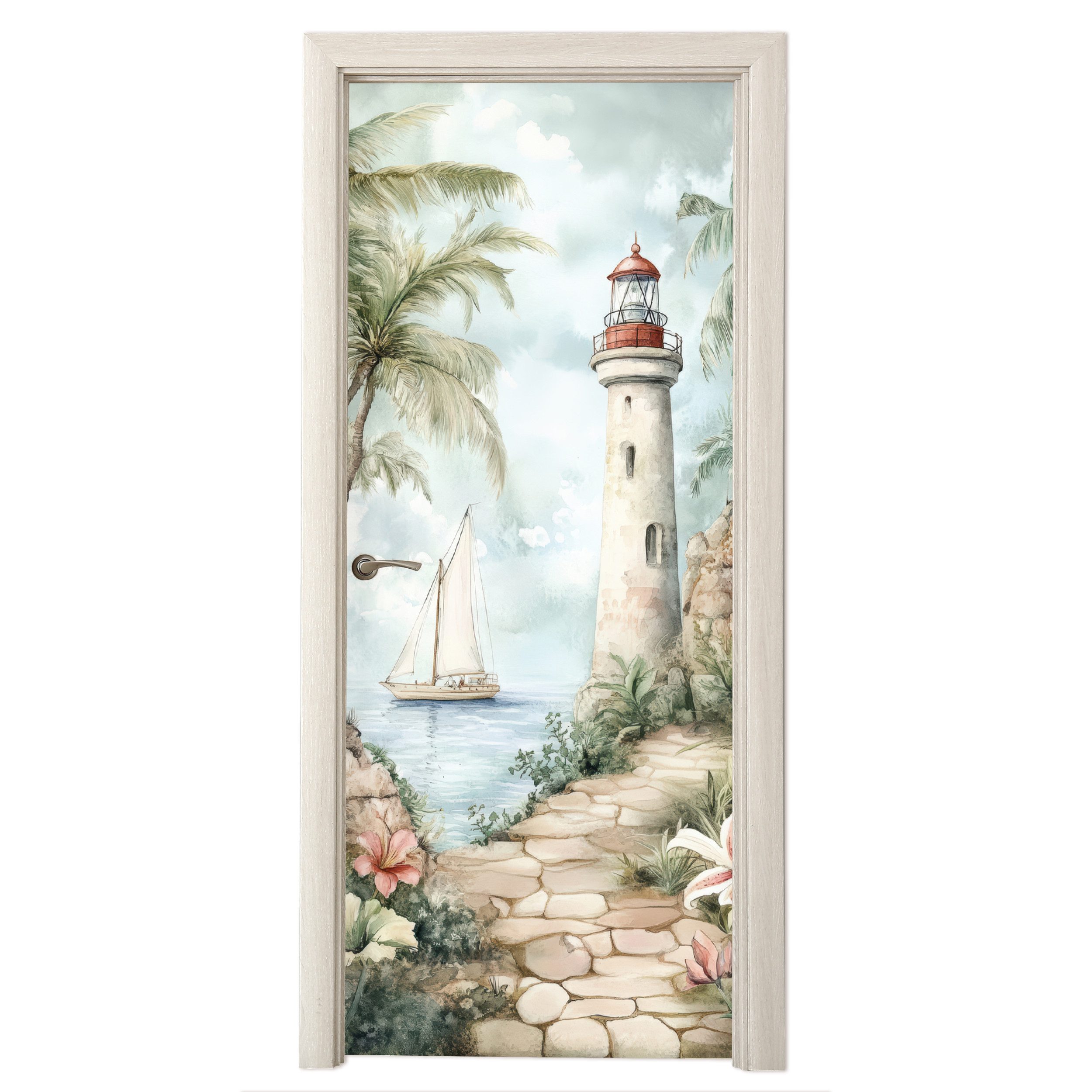 MuchoWow Türtapete Leuchtturm - Natur - Landschaft - Boot, Matt, bedruckt, (1 St), Selbstklebende Tapete, Folie für Möbel, 75x205 cm