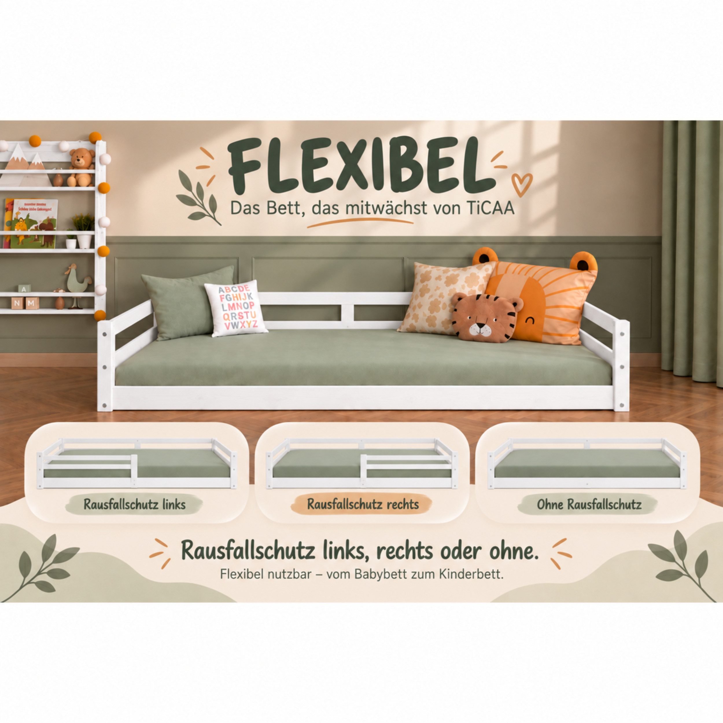 Ticaa Kinderbett Neo Hausbett Bodenbett mit Rausfallschutz 150kg (90x200 aus Kiefer Massivholz), inkl. stabilem Roll-Lattenrost, Weiß – Bild 4 von 5
