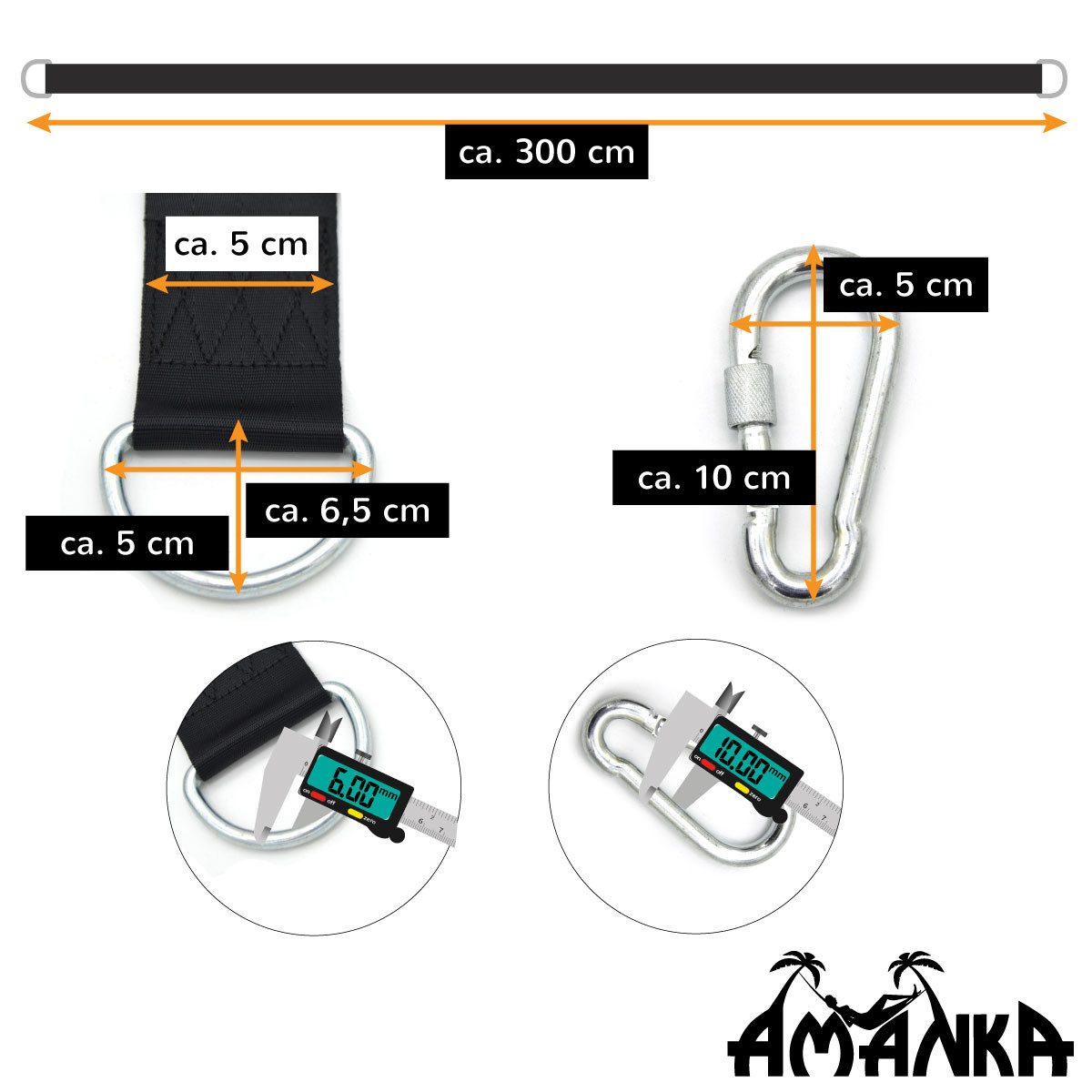 AMANKA Deckenhalter Schaukel Befestigung 2 Gurte 300x5 cm bis 300kg, Baum Aufhängung mit Karabiner – Bild 4 von 5