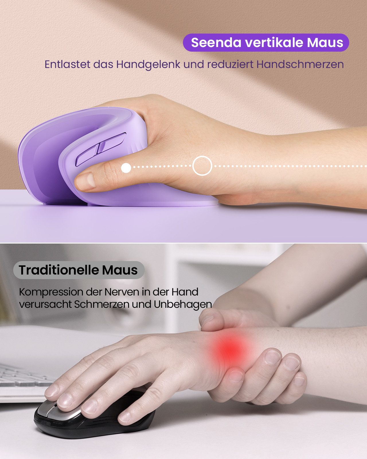 Seenda Ergonomische Maus - Bluetooth und USB Kabellos Maus (Bluetooth, Funk, BT4.0 & 2,4G)