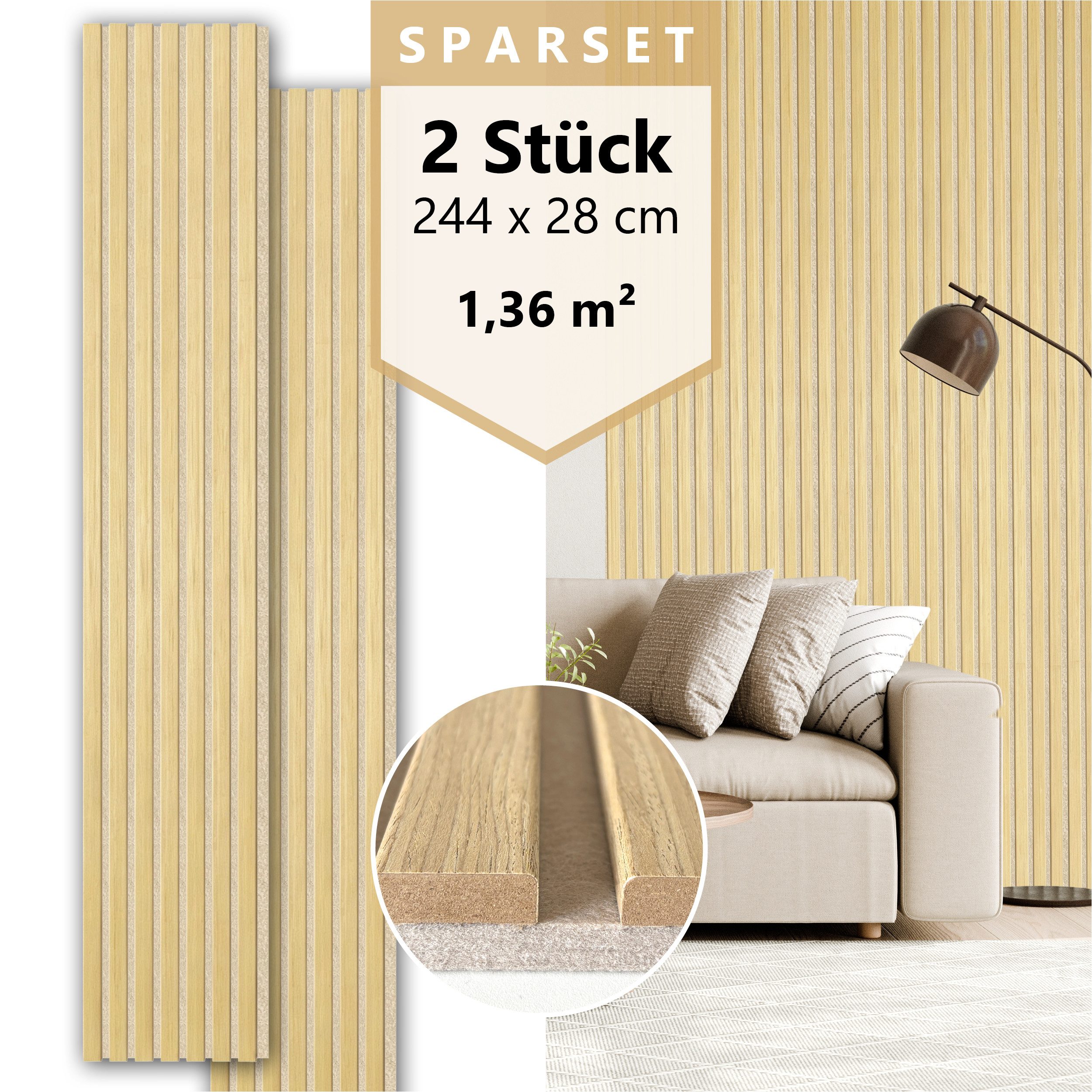 SONIDO Wandpaneel Sparset XL Premium Akustikpaneele mit Eiche Echtholzoberfläche, BxL: 28x244 cm, 0,68 qm, (Sparset mit 2, 3 oder 4 Paneelen, 2-tlg., Versandkostenfreie Lieferung) MDF Lesiten auf beigem Akustikfilz, dreifach ummantelt
