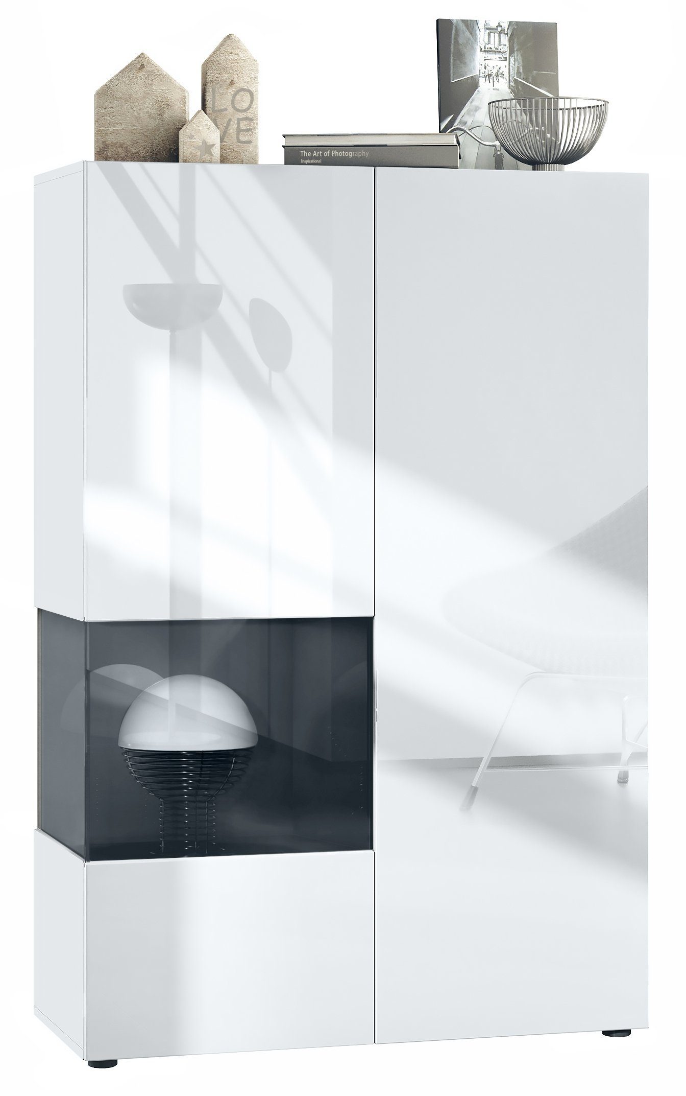 Vladon Standvitrine Morena V2 (Standvitrine, mit 2 Türen und Glaseinsatz) Weiß matt/Weiß Hochglanz/Schwarz Hochglanz (91,5 x 136,5 x 37 cm)