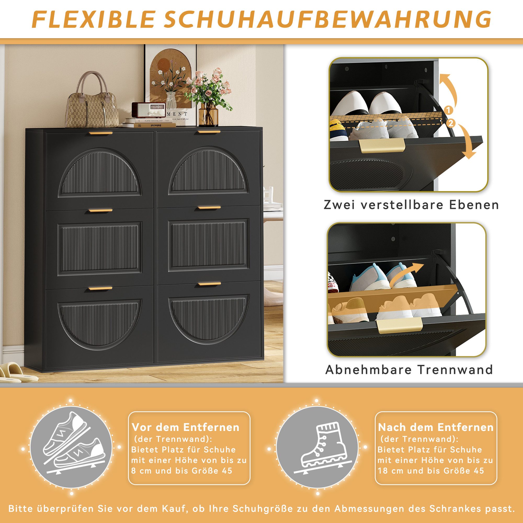 Flieks Schuhschrank (B118/T25/H115 cm, 1-St., ca 24 Paar Schuhe) Schuhregal mit 6 Klappen Schuhkipper Schuhkommode Schwarz