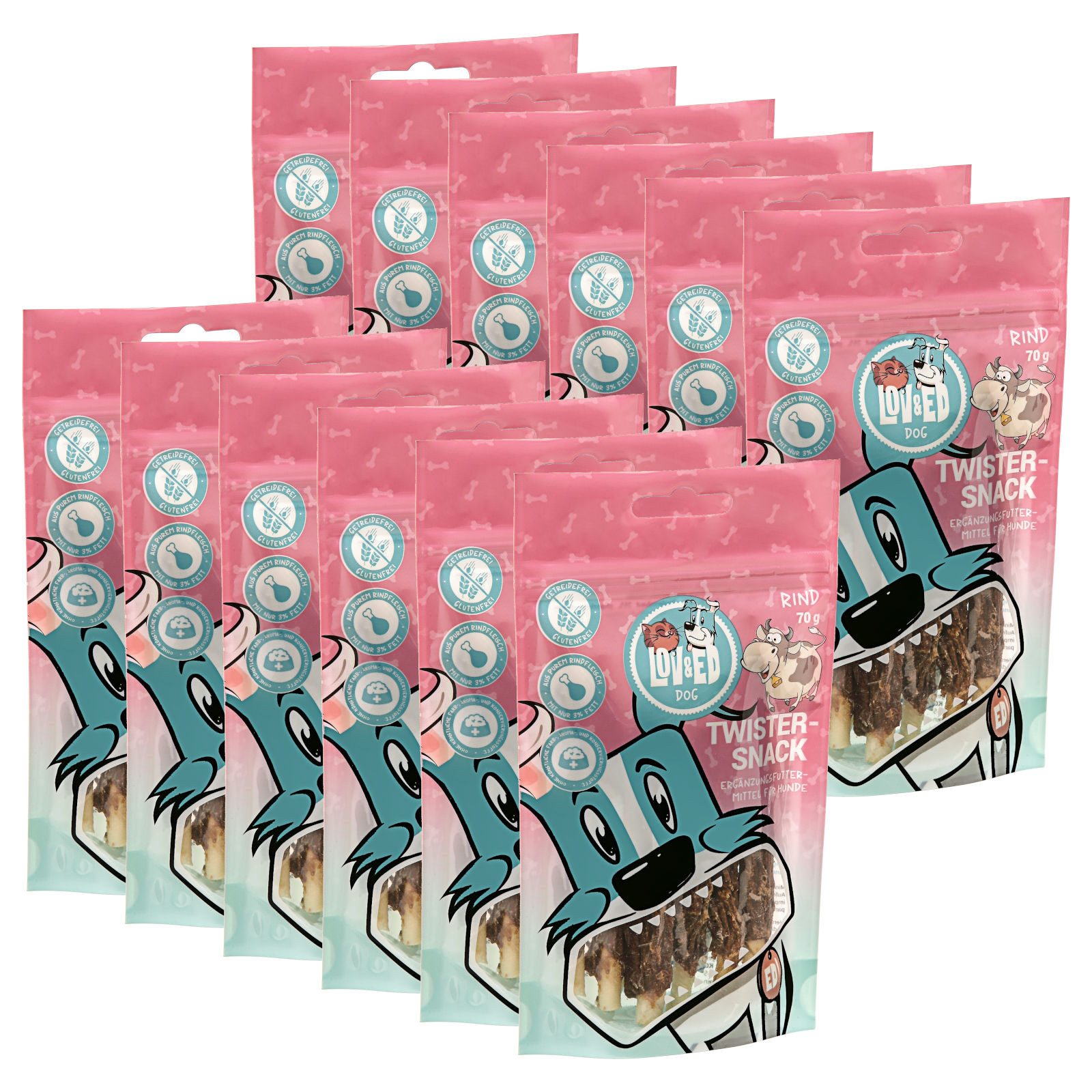 Lov&Ed Twister-Snack Rind, 12x 70g, Kau-Leckerli für Hunde, Snack für: Hund