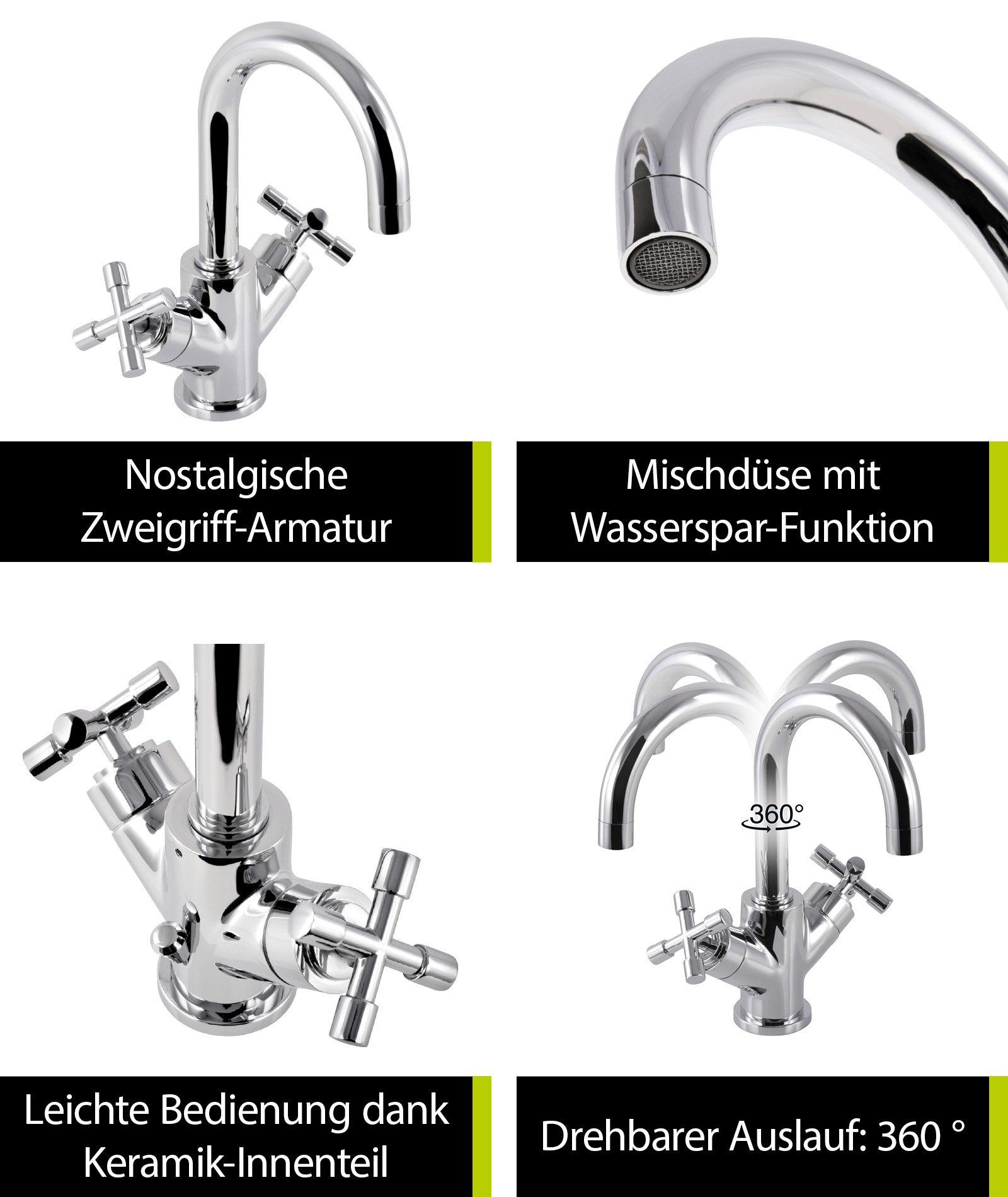 aquaSu Waschtischarmatur Sydney Zweigriffmischer, Vintage, Wasserspar-Mischdüse, Chrom