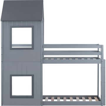 Odikalo Kinderbett Etagenbett Hausbett Leiter 2 Fenstern Dach Massivholz weiß/grau 90x200