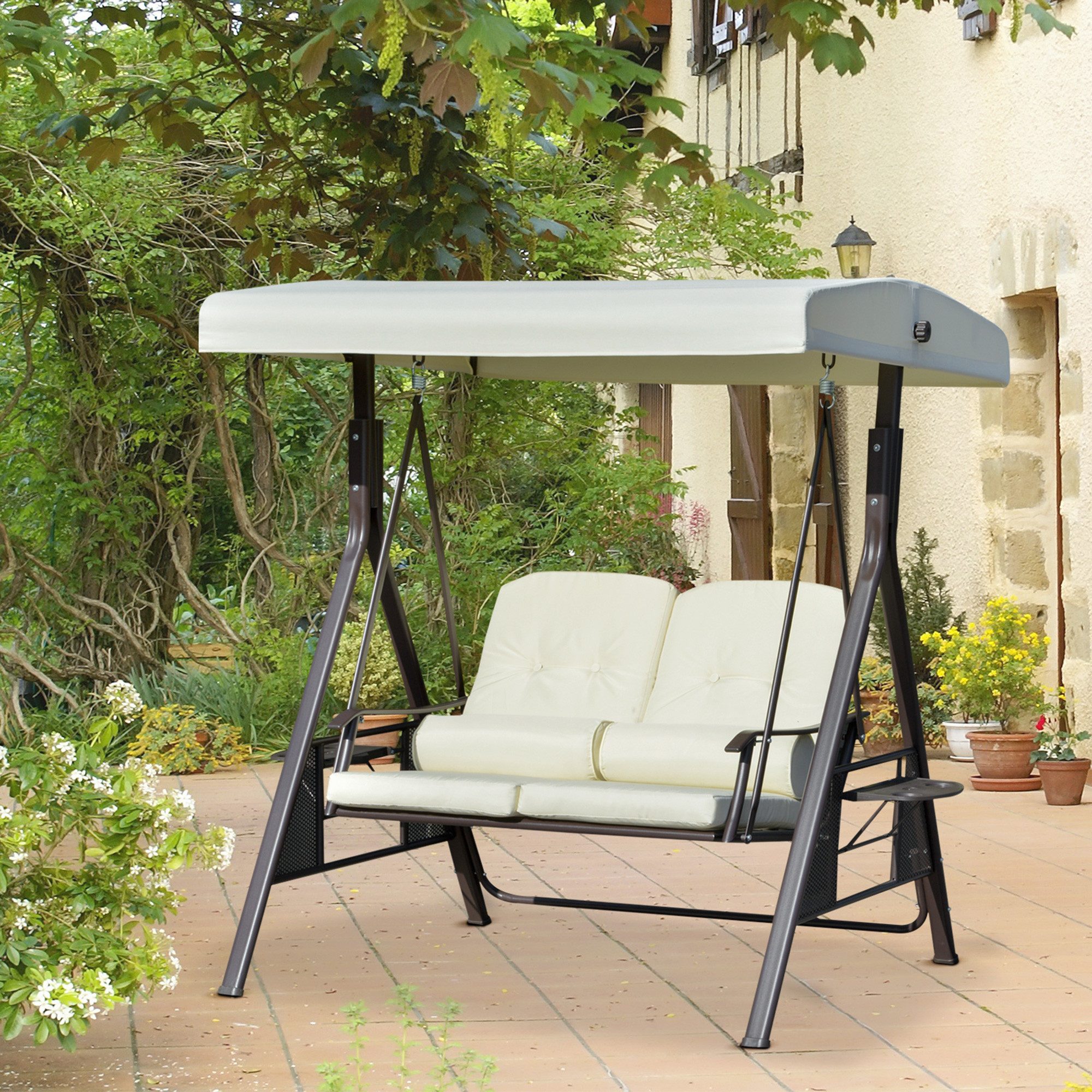 Outsunny Hollywoodschaukel Gartenschaukel mit Sonnendach Kissen Metall Polyester, 2-Sitzer, Bettfunktion, Gartenschaukel, 1 tlg., Schaukel, für Garten, Balkon, Beige