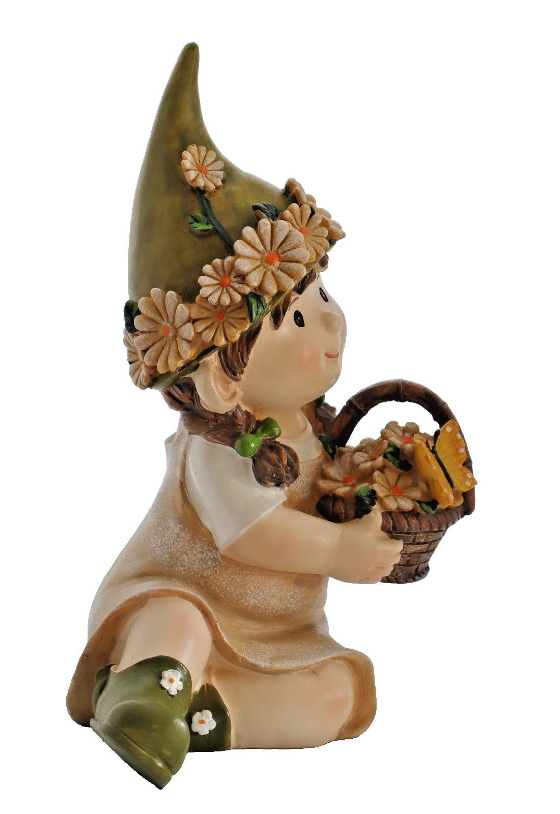 Kaufhaus le petit Dekofigur Deko Wichtel Kind Figur Mädchen mit Blumen Korb Garten Junge Skulptur, Zwerg Dekofigur Dekoskulptur Dekoobjekt aus Polyresin (Kunststein)