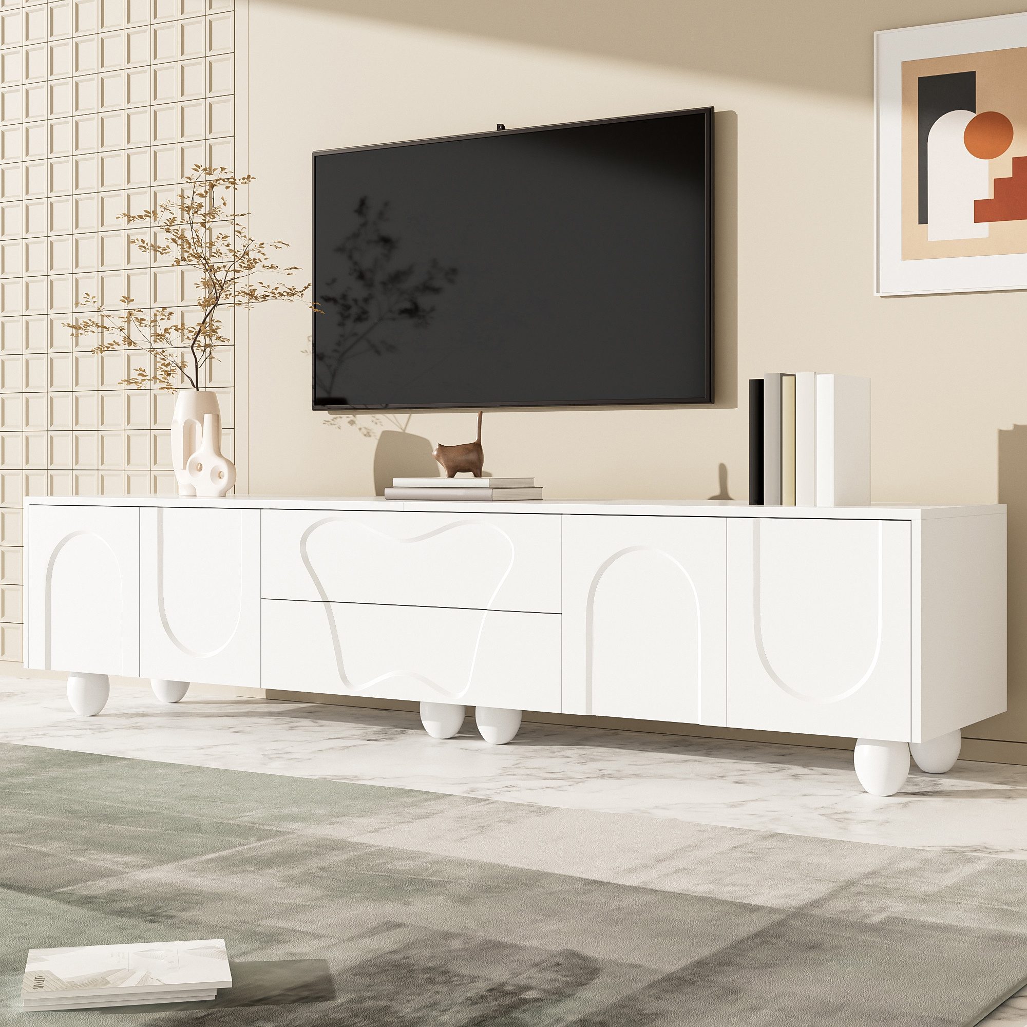 Odikalo TV-Schrank Lowboard TV-Bank Schubladen Aufbewahrung Holzbeinen, für Wohnzimmer 180 L x 40 B x 42 H