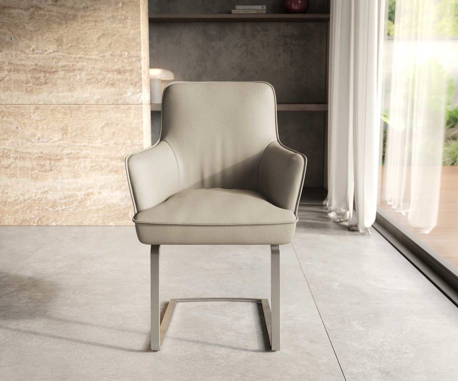 DELIFE Polsterstuhl Heira-Flex, mit Armlehnen Freischwinger flach Edelstahl Echt-Leder Schlamm Taschen