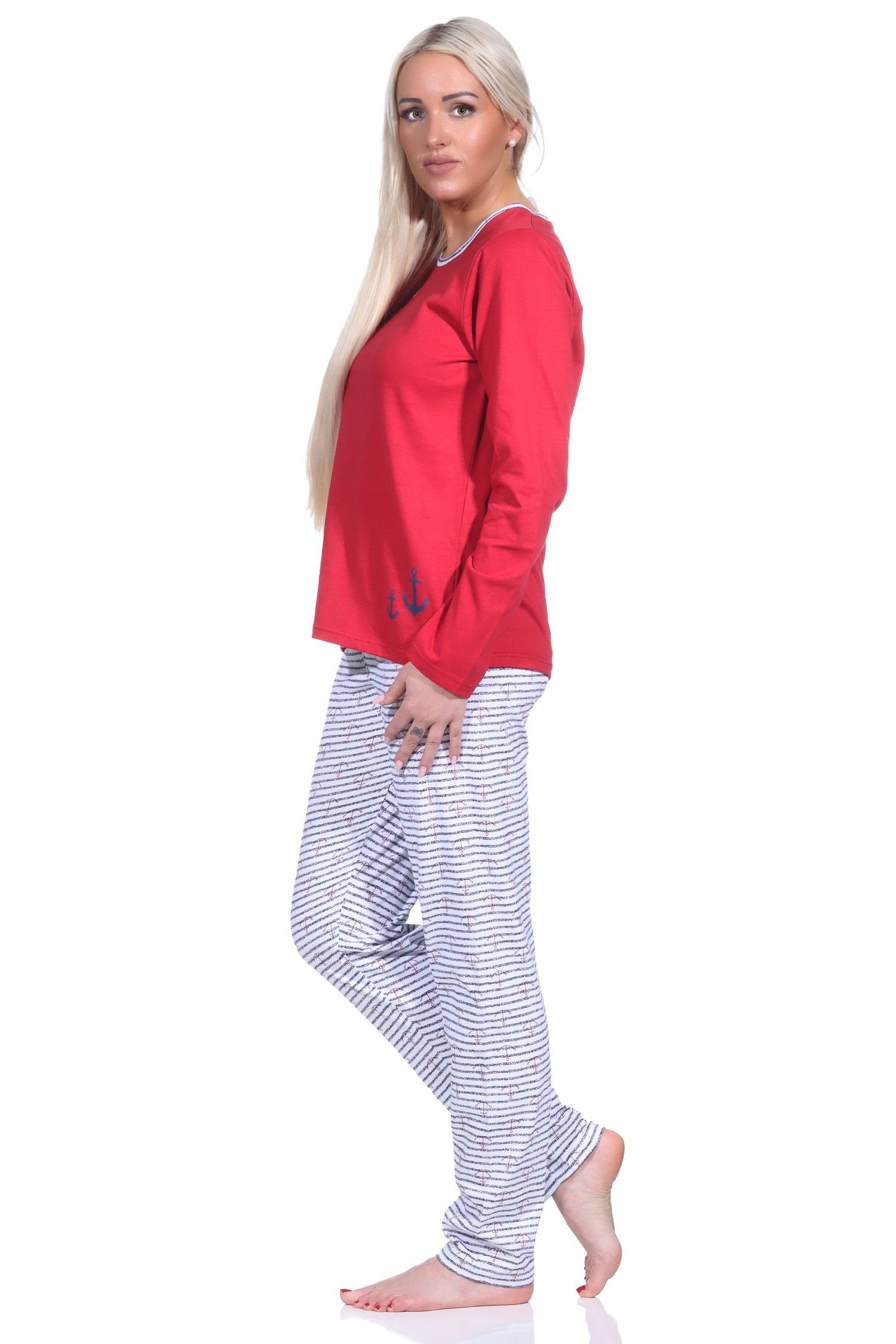 Damen Pyjama Normann Streifen Pyjama, rot langer in Schlafanzug Optik MARITIM