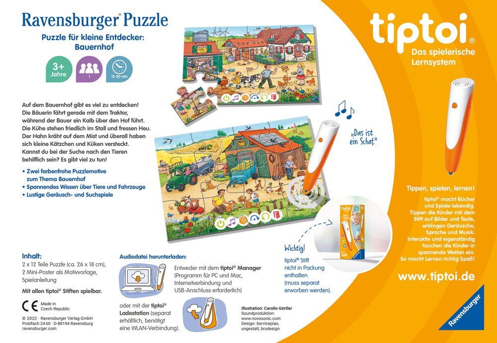Ravensburger Puzzle 2 x 12 Teile tiptoi Puzzeln, Entdecken, Erleben Bauernh günstig online kaufen
