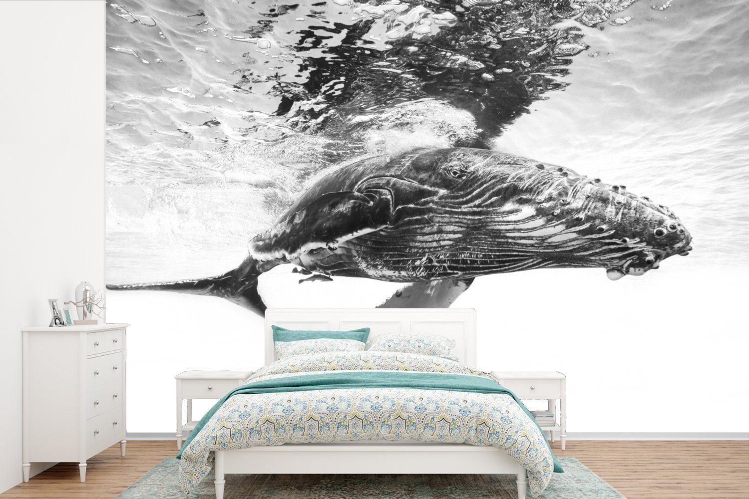 MuchoWow Fototapete Wal - Wasser - Tiere - Schwarz und weiß, Matt, bedruckt, (6 St), Wallpaper für Wohnzimmer, Schlafzimmer, Kinderzimmer, Vinyl Tapete
