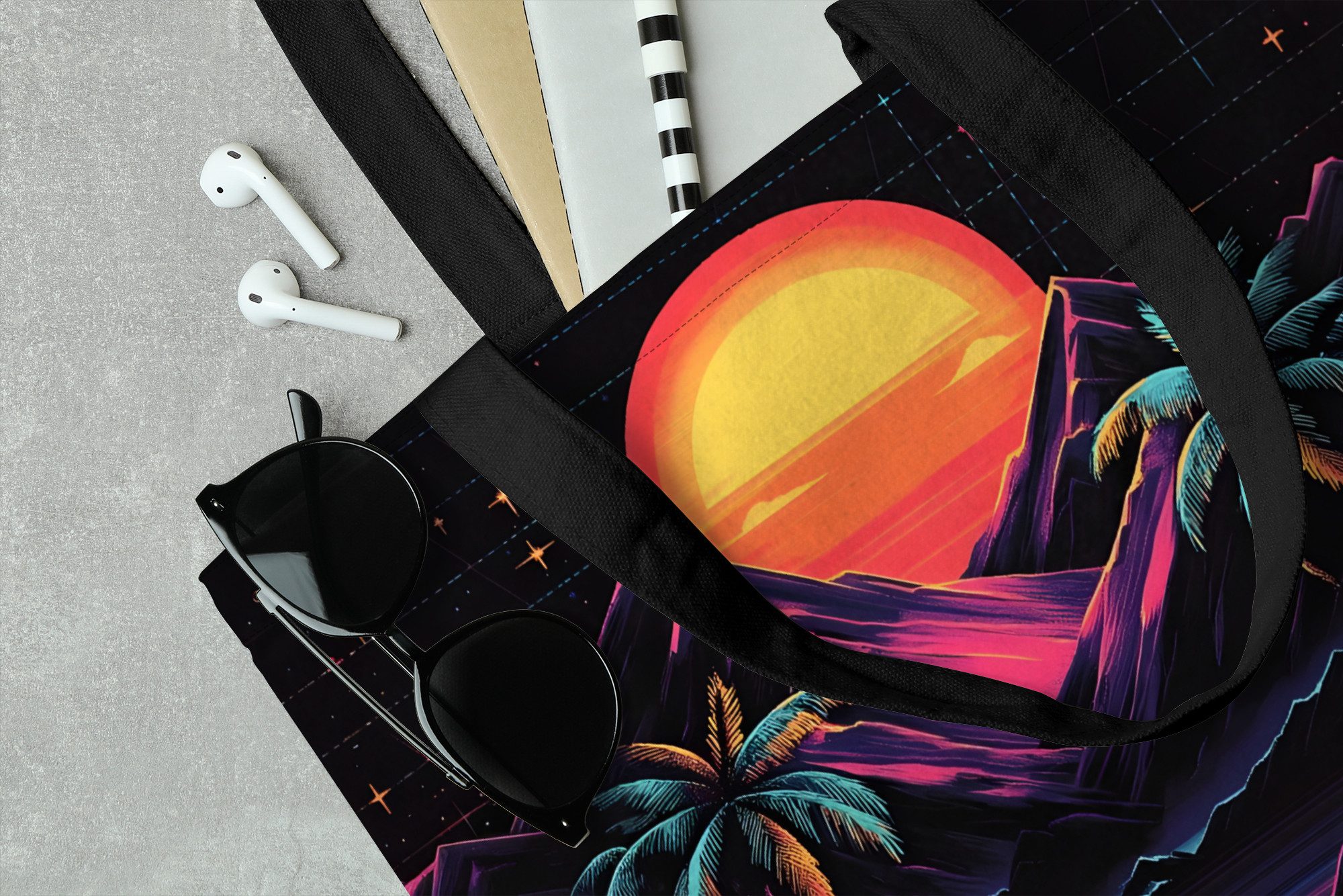 MuchoWow Shopper Palmen - Neonberge - Sternenhimmel - Sonne, Handtasche, Damen und Herren, Schultertasche, Umhängetasche, Tote Bag