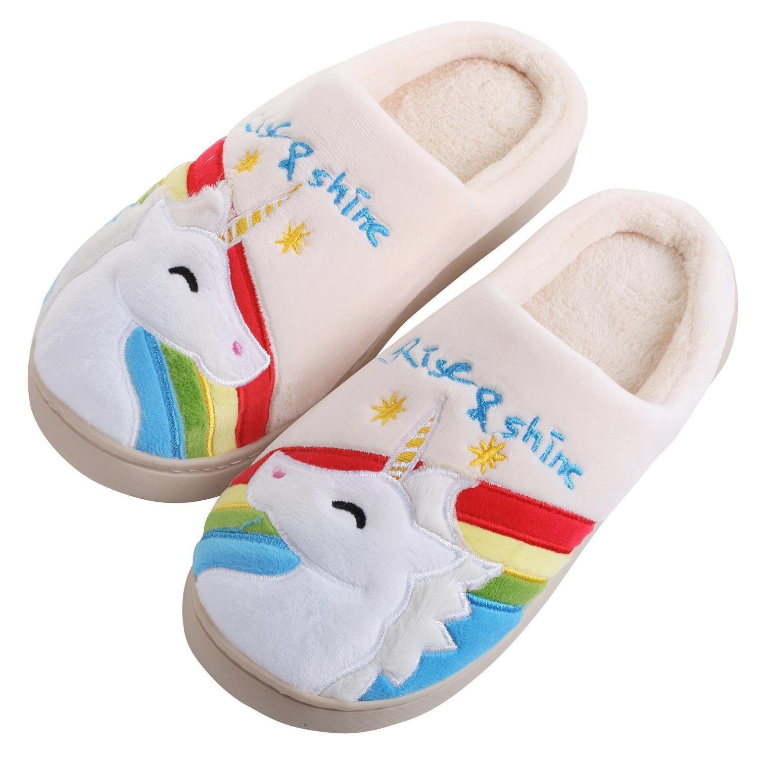 Katara Tier Pantoffeln Gr. 34-41 (Einhorn, Katze, Hase) Plüsch Hausschuhe Hausschuhe, weich, warm, süß, kuschelig, Plüsch Einhorn (Regenbogen)