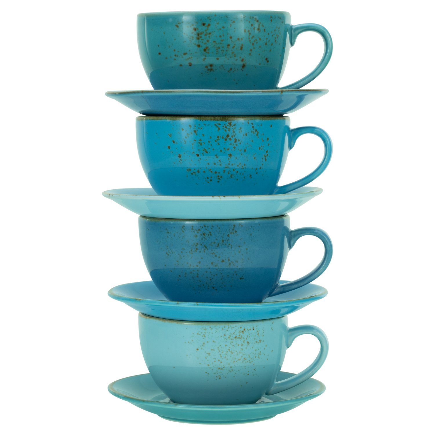 CreaTable Cappuccinotasse Kaffeetasse NATURE COLLECTION Aqua, Steinzeug,  Tassen Set, aktuelle Blautöne mit Sprenkel, 4 Tassen, 4 Untertassen, -  perfektes Set als optimale Ergänzung zur Nature Collection Serie