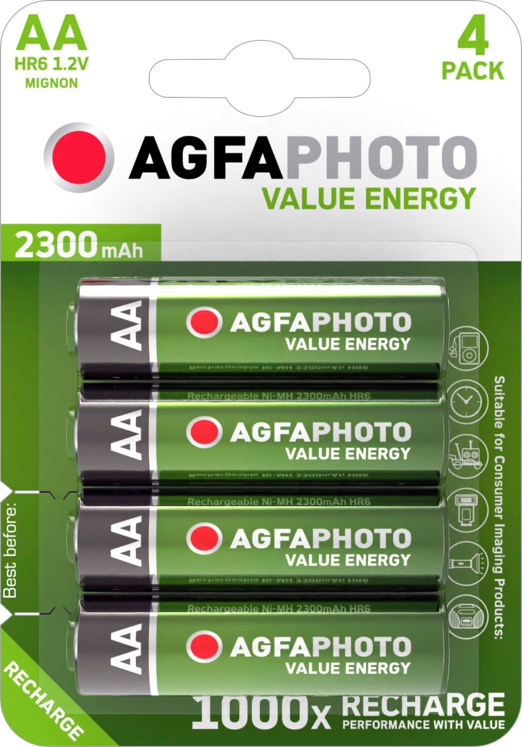 AgfaPhoto 4er Pack Value Energy, wiederaufladbare AA Akkus Akku 2300 mAh (4 St), bis zu 1.000x wiederaufladbar