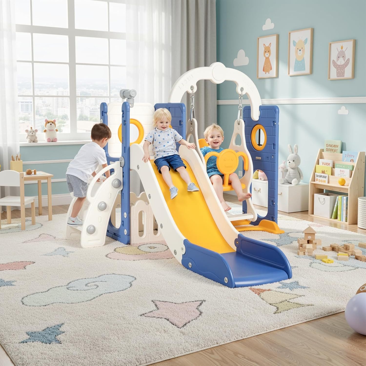 TLGREEN Rutsche 5-in-1 Kinderrutsche, Gartenrutsche Breite Stufen und Griffe, (Indoor und Outdoor Freistehende Rutsche), Kinderrutsche mit Schaukel, Klettergerüst, Spielplatz für Kleinkinder