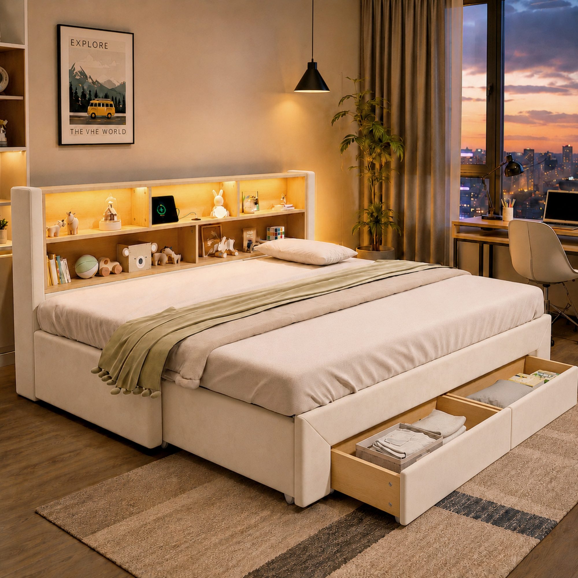 Flieks Daybett, Polsterbett 90/180x200cm mit Ausziehbett, 2 Schubladen, Aufladen & LED