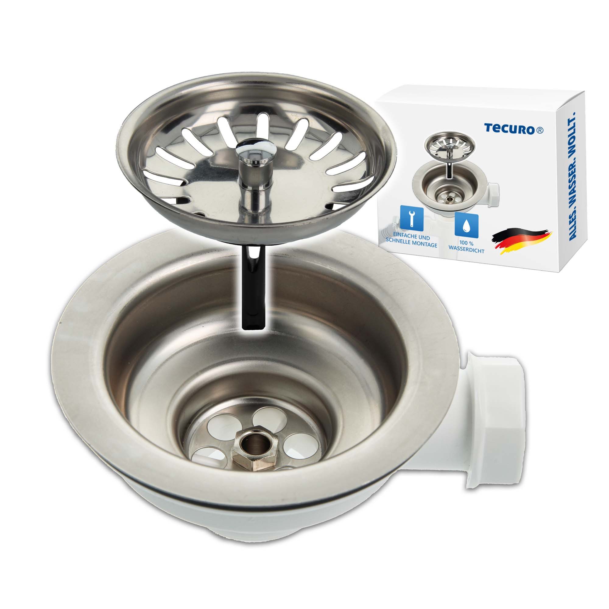 tecuro Siphon Siebkorbventil Ø 114 mm (3 1/2 Zoll) x Abg. seitlich 1 Zoll (25 mm)